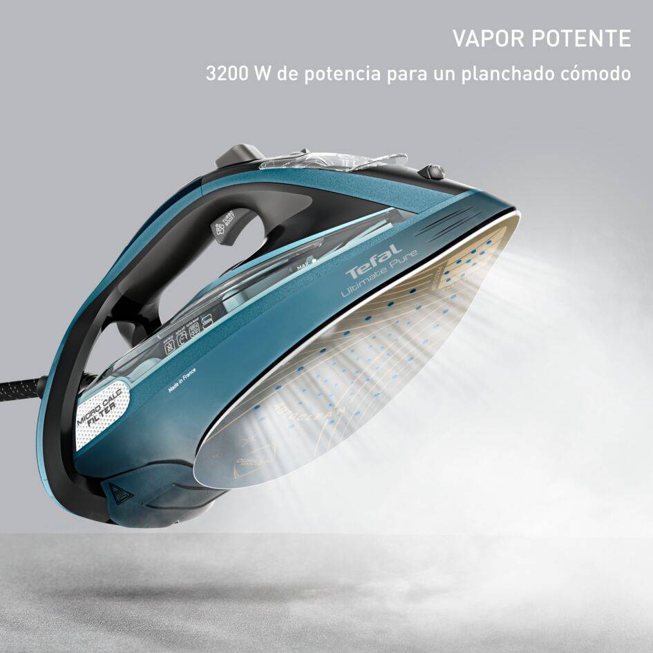 Ultimate Pure de Tefal, plancha de vapor, 3200 W, salida de vapor continua de 60 g/min y un golpe de vapor de 300 g/min, suela Autoclean, apagado automático, antigoteo