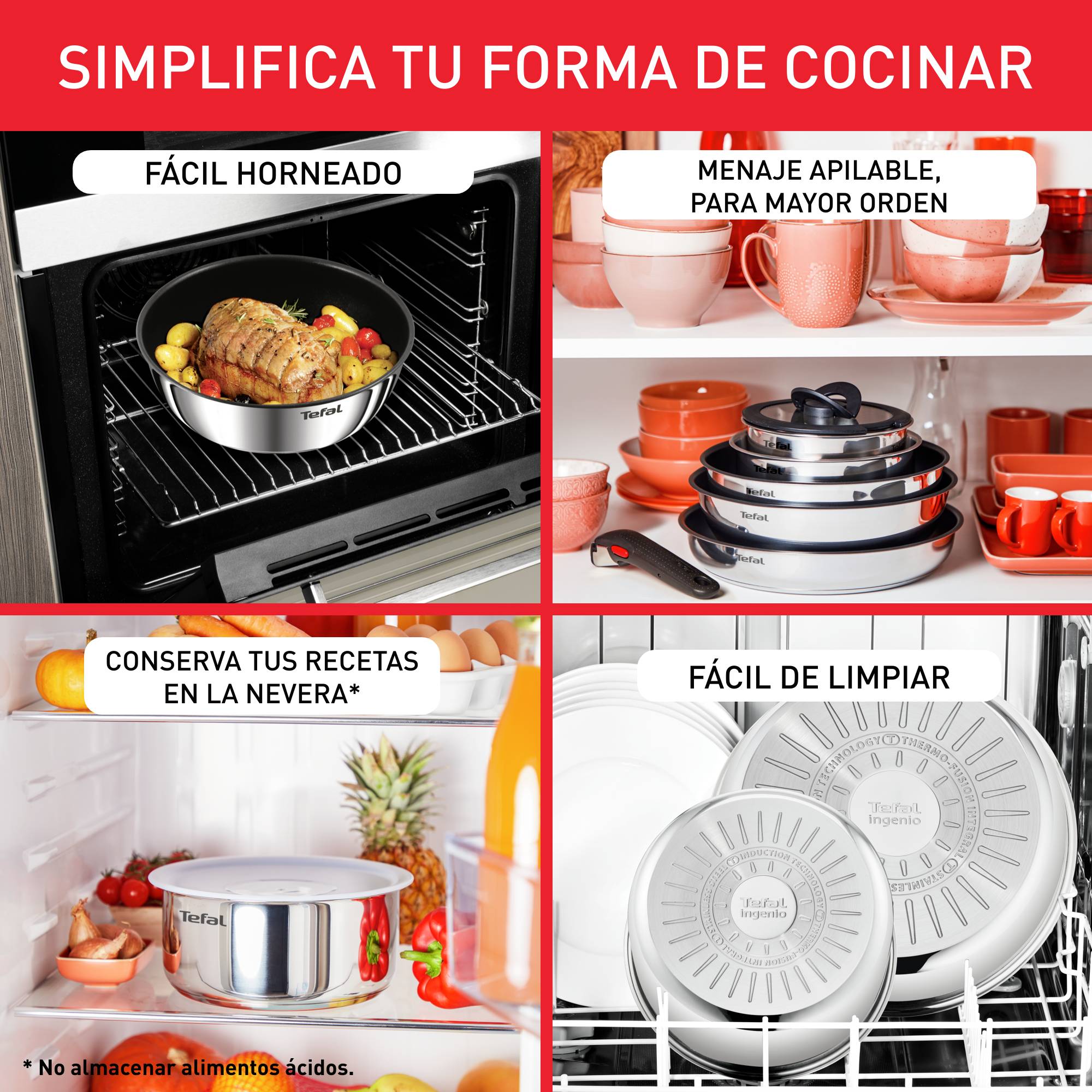 Ingenio Emotion, Sartenes 22/26 cm + Mango extraíble, Acero inoxidable 18/10, Revestimiento antiadherente, Apilable, Inducción
