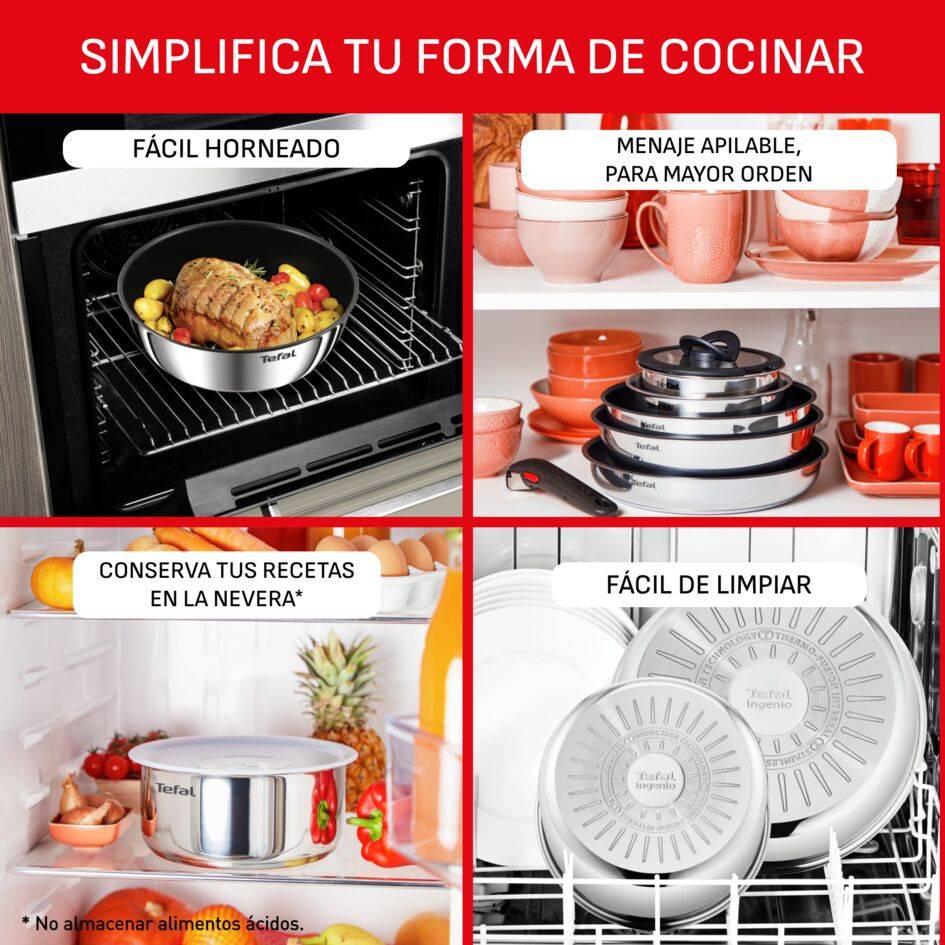 Ingenio Emotion, Sartenes 22/26 cm + Mango extraíble, Acero inoxidable 18/10, Revestimiento antiadherente, Apilable, Inducción