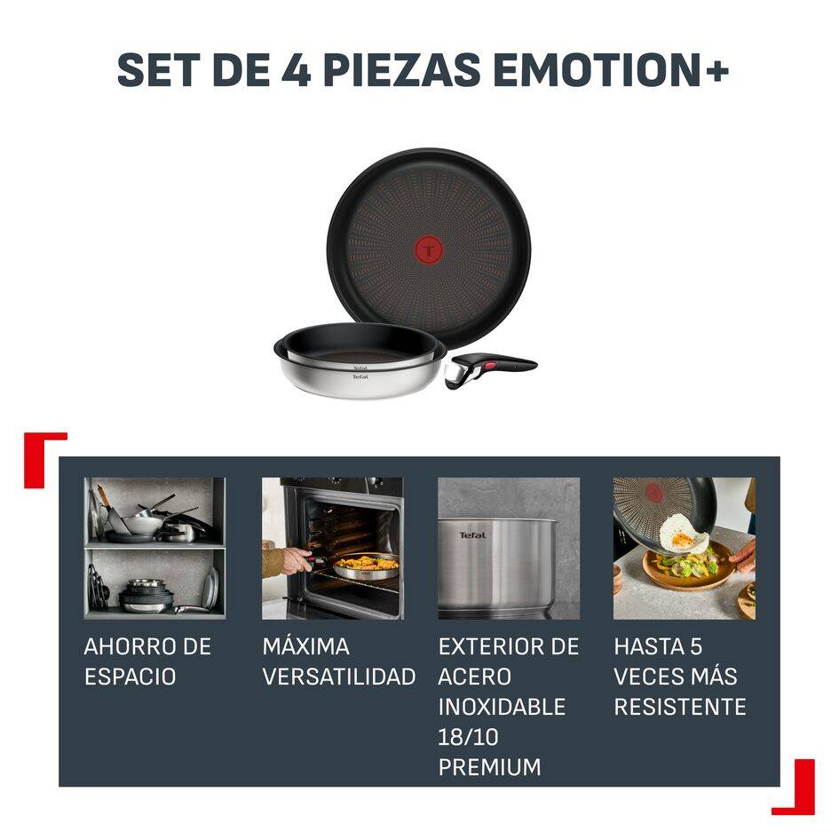 Ingenio Emotion+, Set de 4 Piezas, Acero inoxidable premium, Revestimiento antiadherente, Mango extraíble, Apilable, Apta con inducción