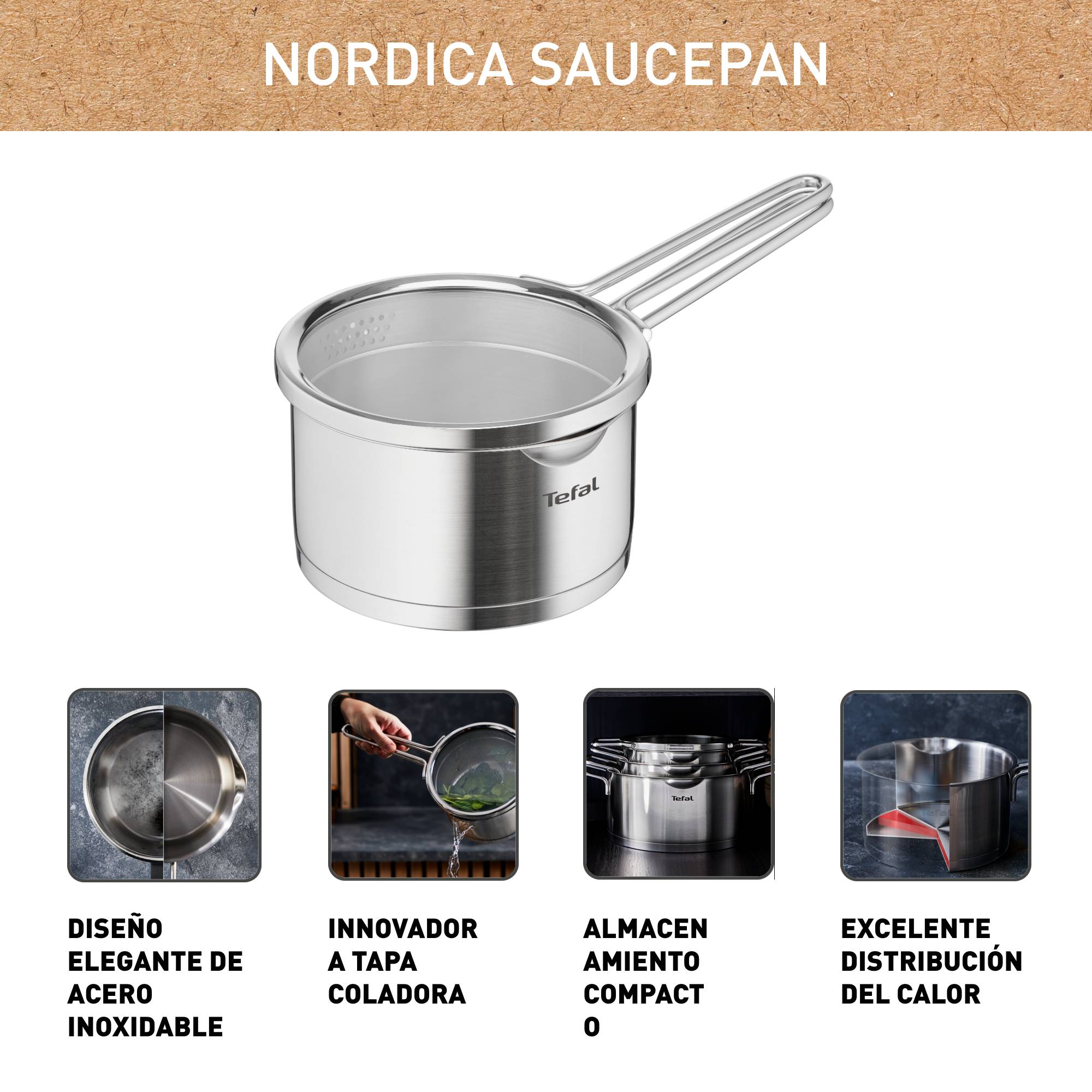 Nordica, Cazo 16 cm, Tapa colador, Acero inoxidable premium, Sostenible, Inducción