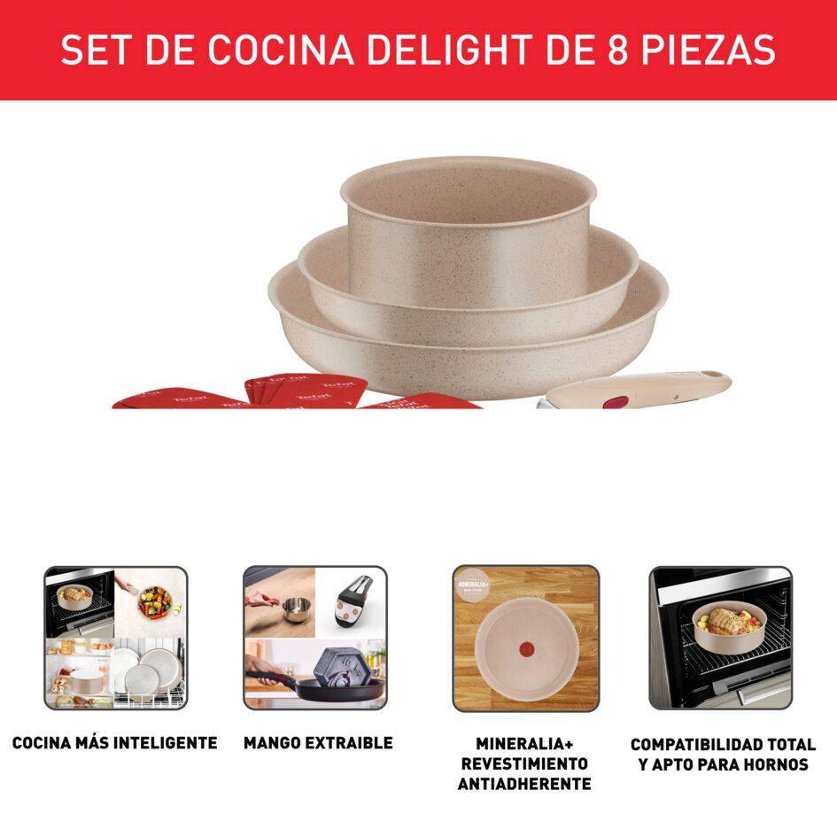 Ingenio Delight On, Set de cocina de 8 piezas, Mango extraíble, Apilable, Revestimiento antiadherente, Inducción