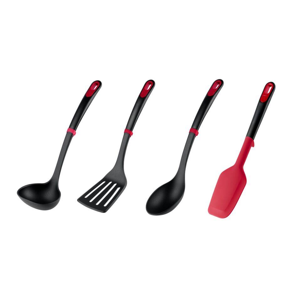 Ingenio+ Set de 4 utensilios esenciales, Resistente al calor hasta 230 °C, Apto para lavavajillas, Negro y rojo