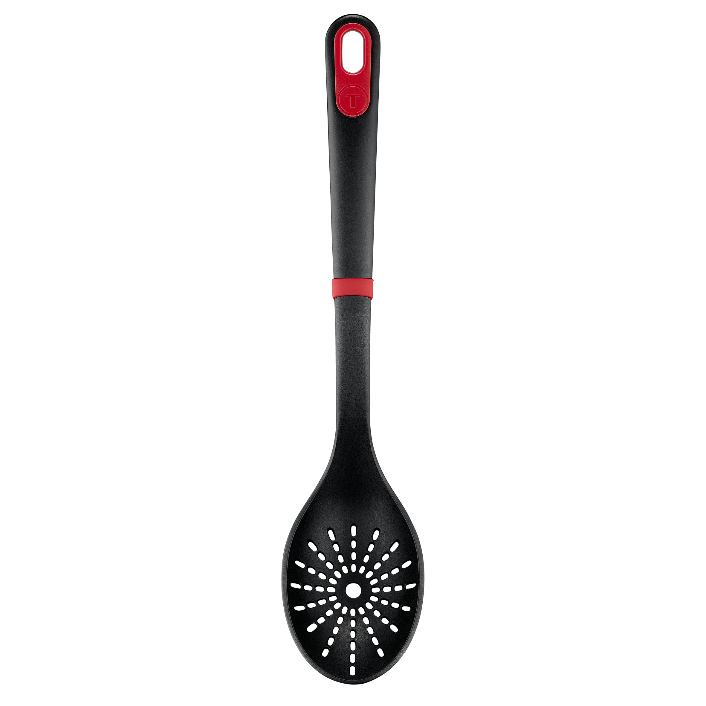 Ingenio+ Cucharón colador, Robusto, Resistente al calor hasta 230º, Apto para lavavajillas, Negro y rojo