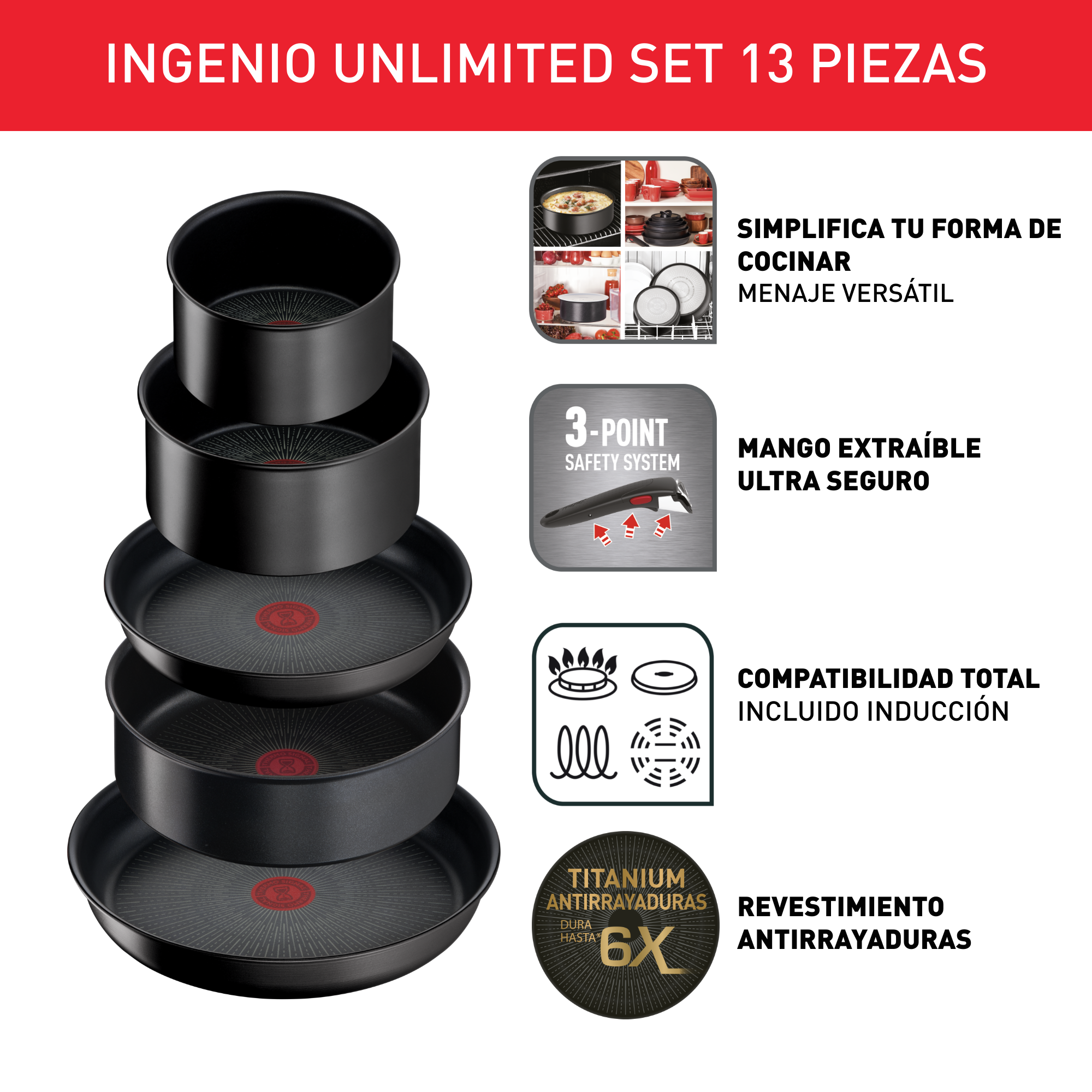 Ingenio Unlimited, Set de 13 piezas, Sartenes y Cazos, Mangos extraíbles, Accesorios de cocina, Tapas, Apilable, Inducción