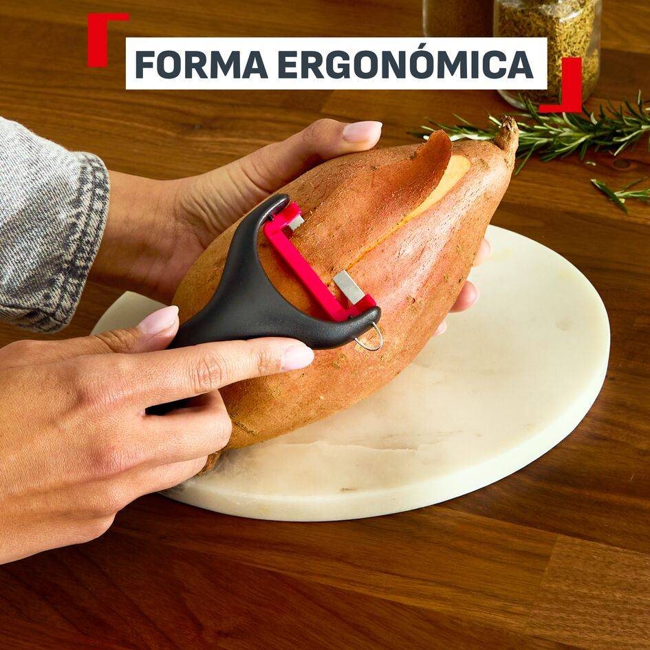 Ingenio+ Pelador en Y, Cuchilla giratoria, Acero inoxidable, Funda protectora, Apto para lavavajillas, Negro y rojo