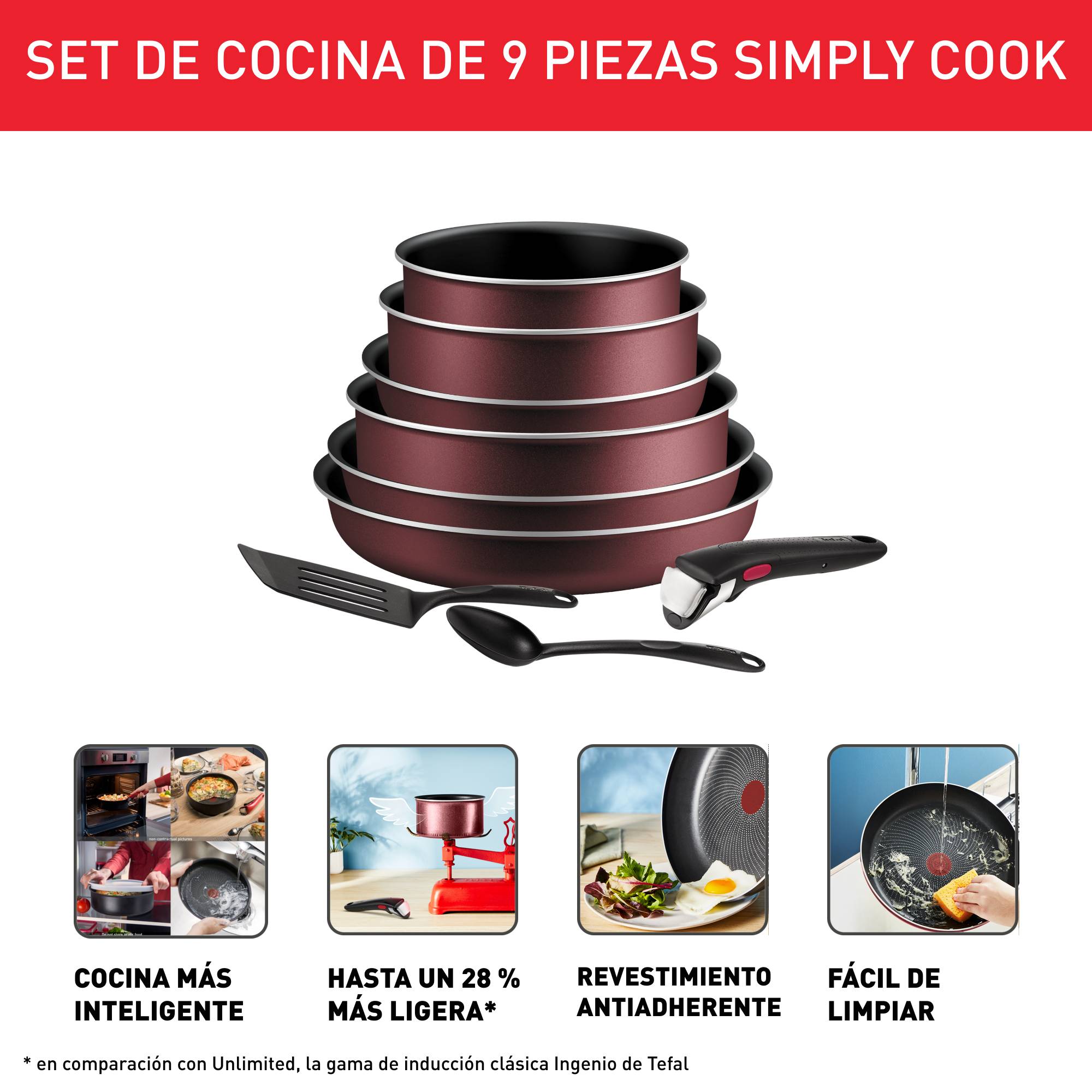 Ingenio Simply Cook, Set de cocina de 9 piezas, Mango Extraíble, Tecnología Light Tech