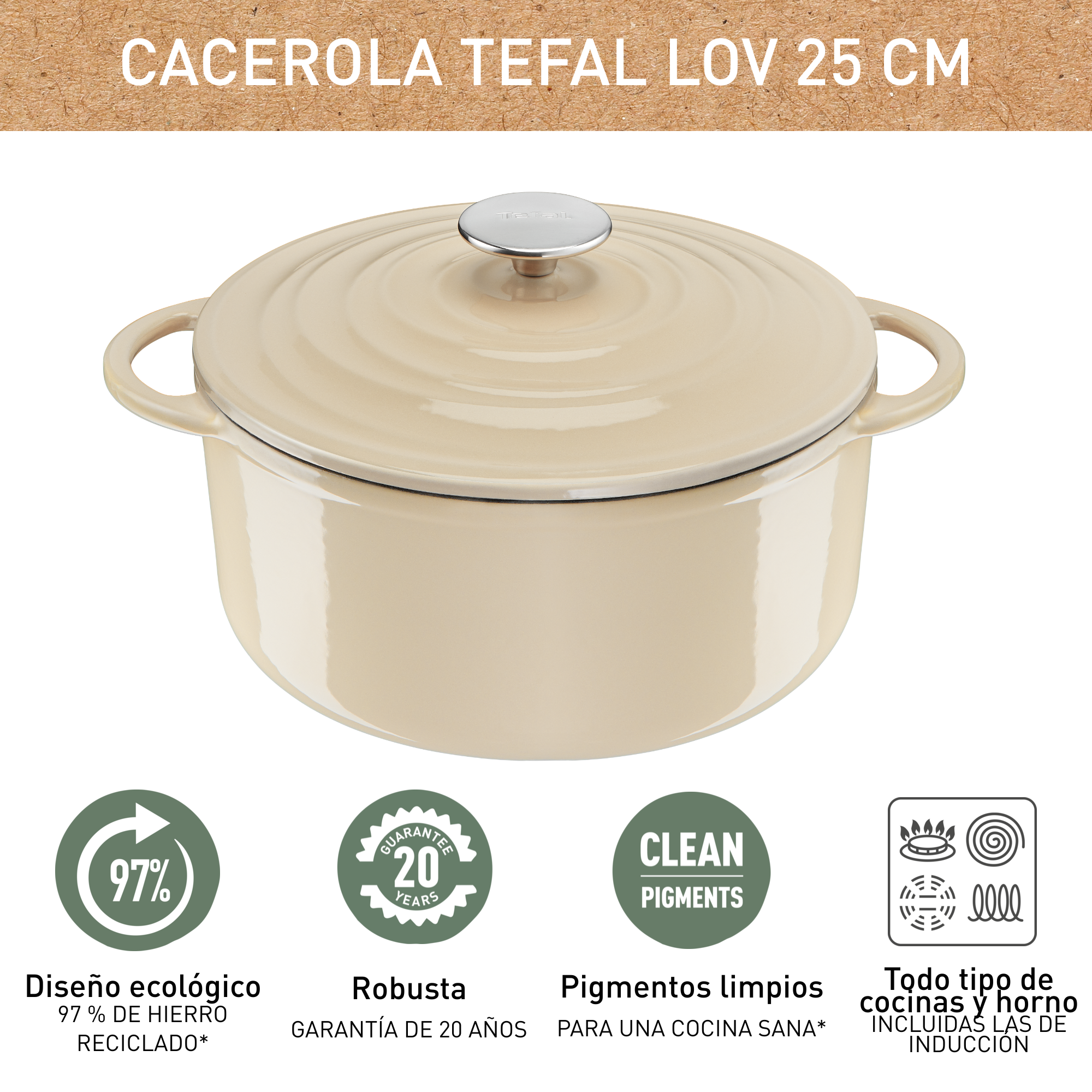LOV, Cacerola de 25 cm, 5 L, Beige