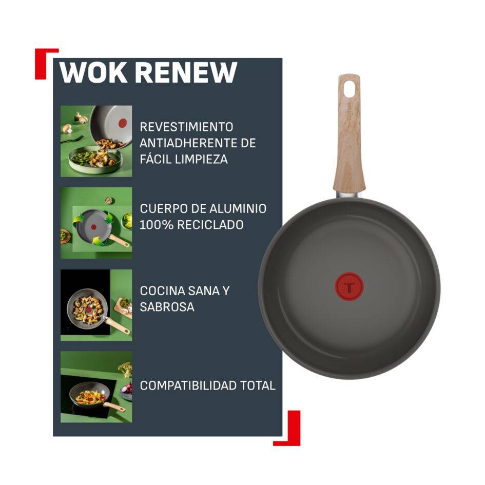 Renew, Wok 28 cm, Revestimiento cerámico antiadherente, Cuerpo de aluminio 100% reciclado, Thermo-Signal, Compatible con inducción