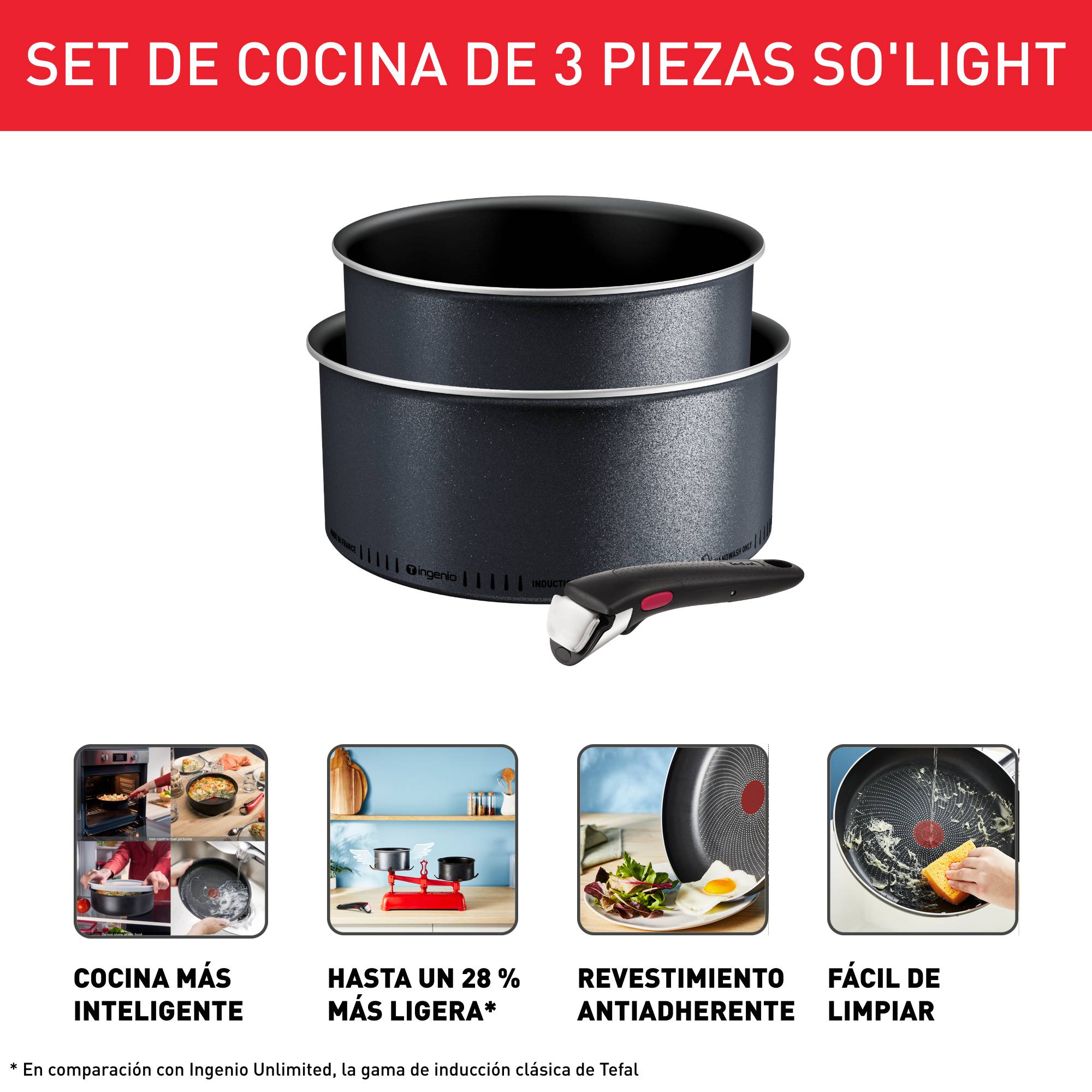 Ingenio So'Light, Set de 3 piezas, Cazos 18/20 cm, Mango extraíble, Tecnología Light Tech, Revestimiento Antiadherente de Titanio