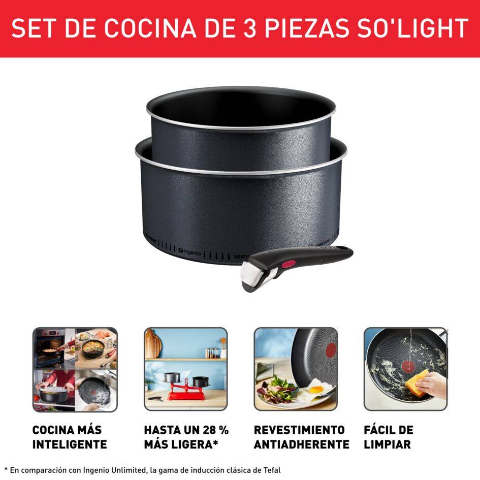 Ingenio So'Light, Set de 3 piezas, Cazos 18/20&nbsp;cm, Mango extraíble, Tecnología Light Tech, Revestimiento Antiadherente de Titanio