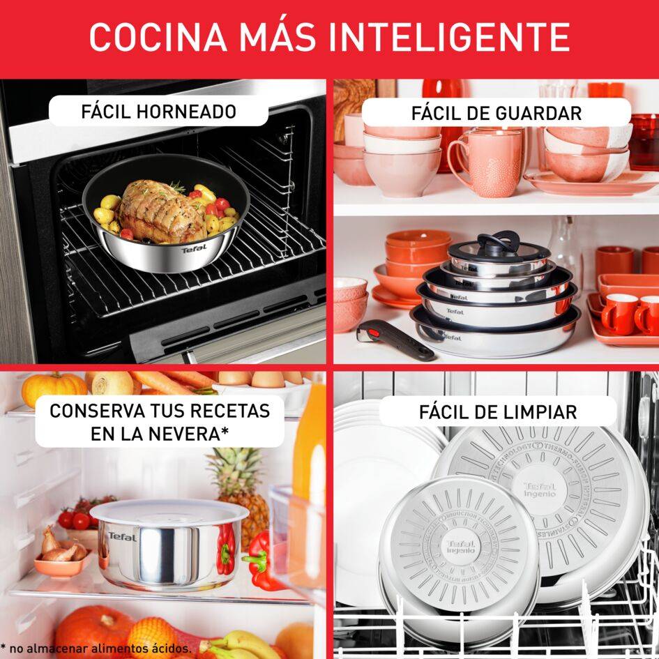 Ingenio Emotion, Set de 10 piezas: Sarten 22/26cm + Cazos 16/18cm + Tapas + Accesorios + Mango extraíble, Acero Inoxidable, Apilable