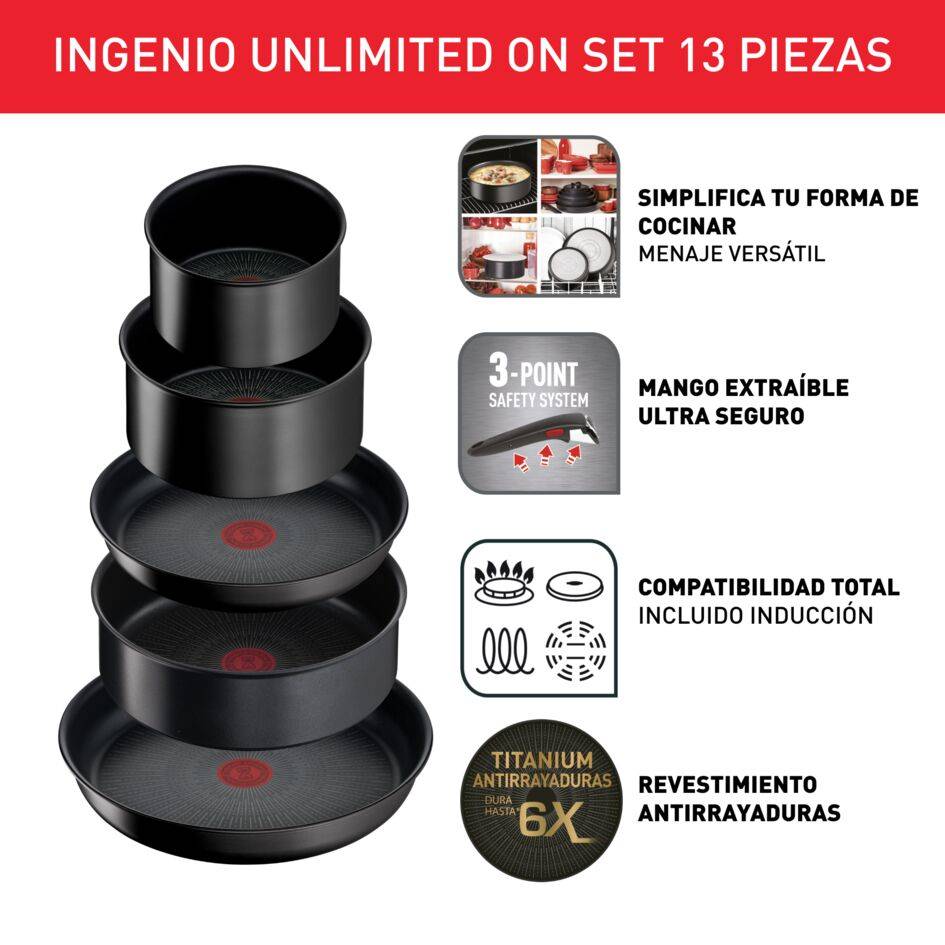 Ingenio Unlimited On, Set de cocina 13 piezas, Apilable, Mango Extraíble, Aluminio, Inducción