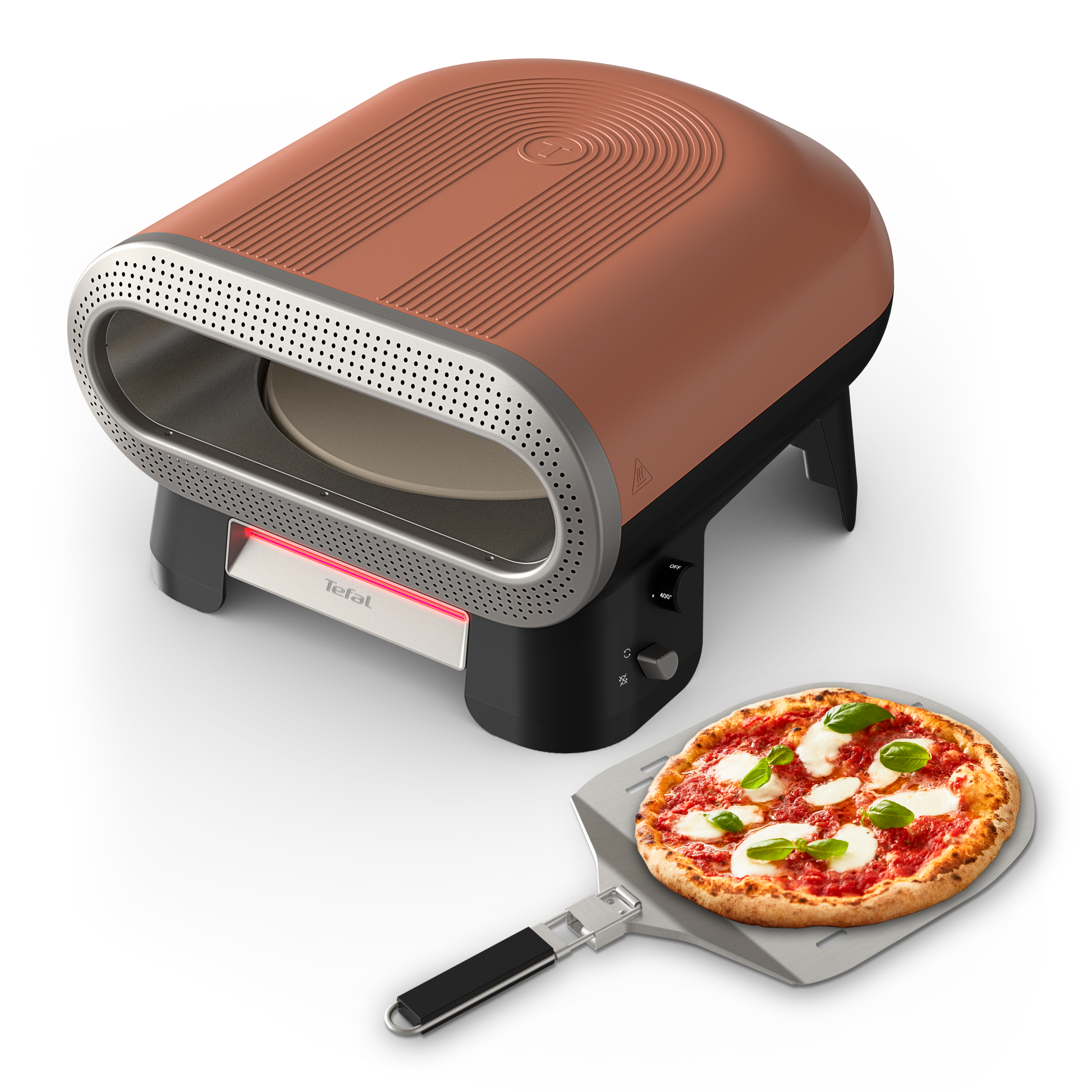 Pizza Pronto, Horno para pizza eléctrico, Pizza artesana en casa, Piedra giratoria automática, 4 niveles de temperatura manual, Pala incluida, Doble resistencia, 400º, Aviso LED precalentamiento