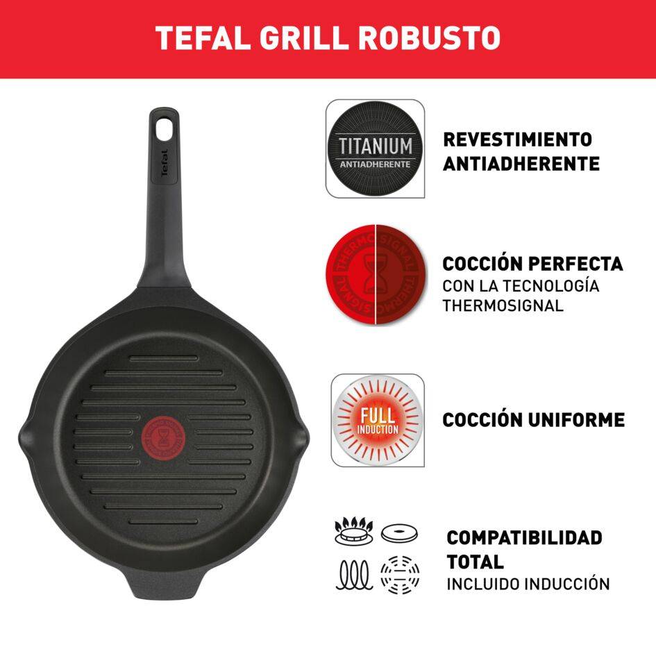 Robusto, Sartén grill 26 cm, Aluminio fundido, Retención de calor, Revestimiento antiadherente, Negro
