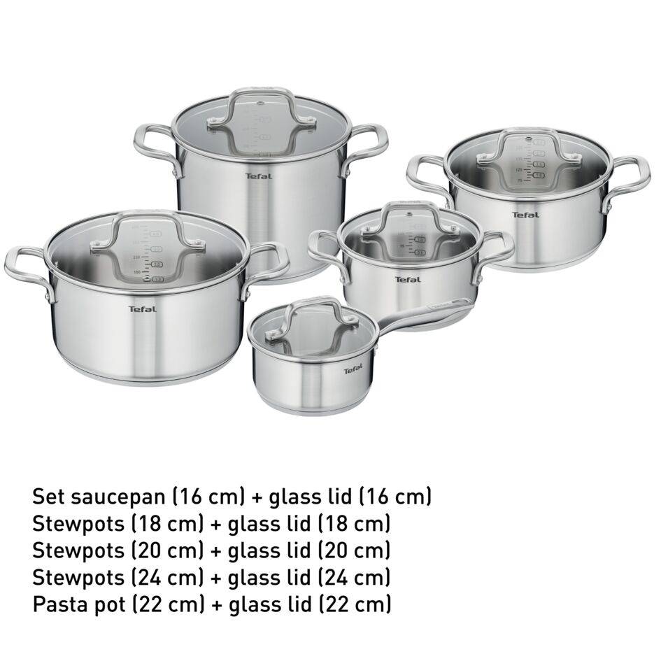 Set Virtuoso de 10 piezas: Cacerola de 16 cm, Ollas de 18/20/24 cm, Olla para pasta de 22 cm.