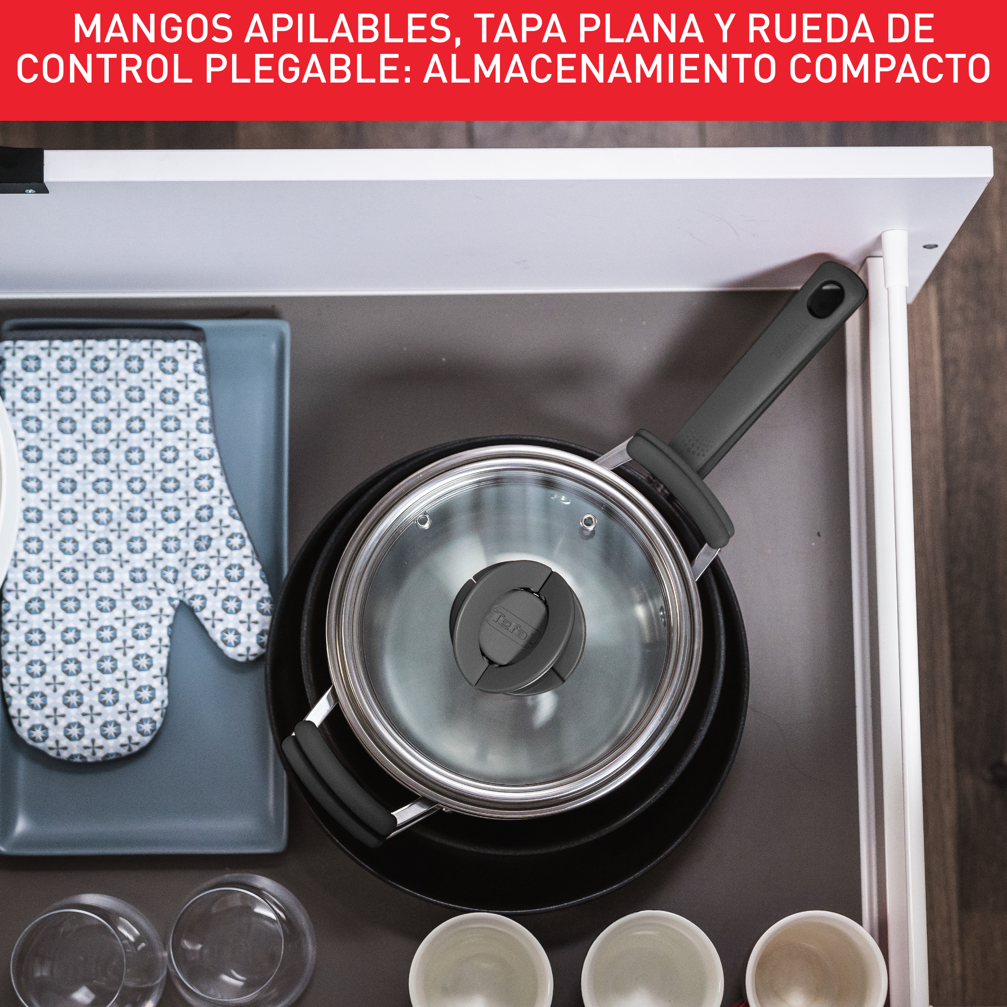 OPTI'Space, Set de 6 piezas, Cacerolas de 18 cm/2,2 L + 20 cm/3,1 L + tapas + Sartenes de 24 y 28 cm, Formato Apilable, Inducción, Acero Inoxidable