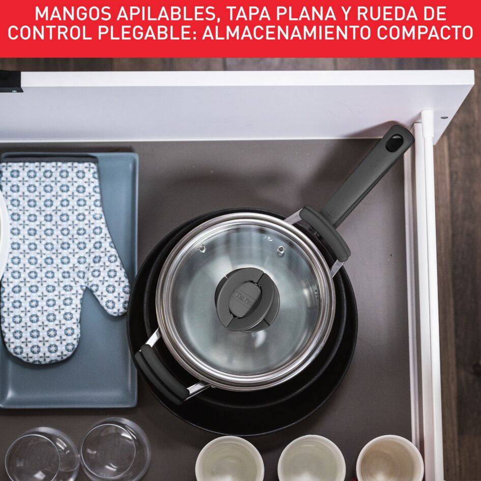 OPTI'Space, Set de 6 piezas, Cacerolas de 18 cm/2,2 L + 20 cm/3,1 L + tapas + Sartenes de 24 y 28 cm, Formato Apilable, Inducción, Acero Inoxidable