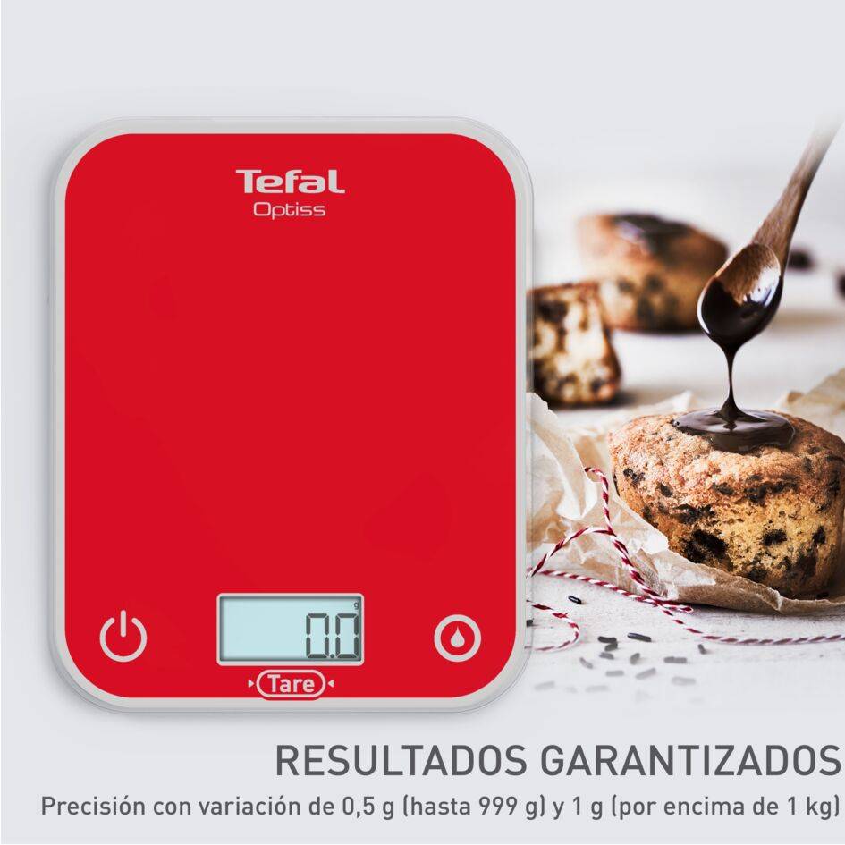 Optiss, Báscula Electrónica de Cocina, Pantalla Retroiluminada de Fácil Lectura, Antirrayaduras, 5 kg de Capacidad, Pilas Incluidas, Rojo
