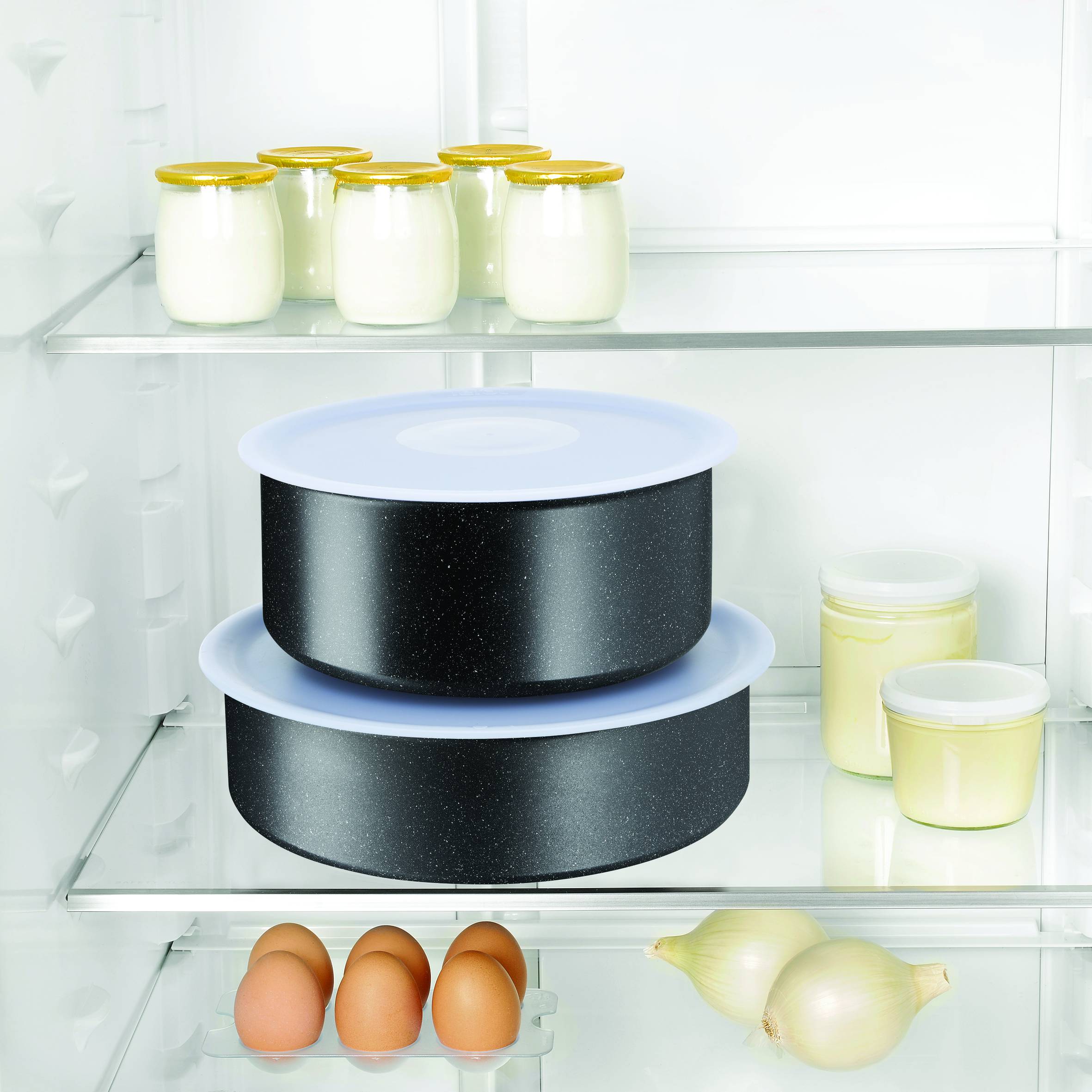 Ingenio Black Stone, Set de 3 piezas, Sartén 28 cm + Cazo 20 cm + 1 Mango Extraíble