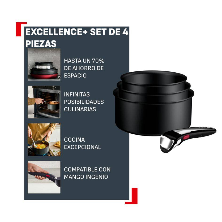 Ingenio Excellence+ Cazuelas de 16/18/20 cm, Apilable, Revestimiento Antiadherente, Mango Extraíble, Total Compatibilidad