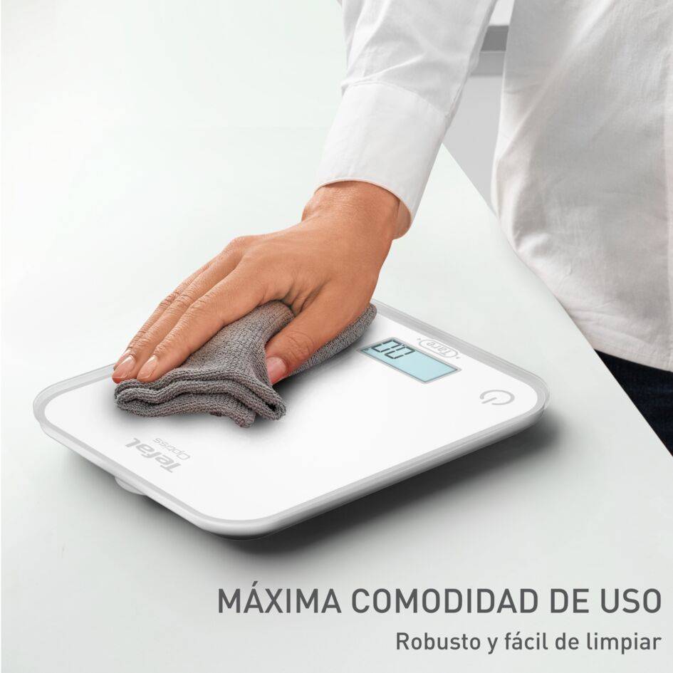 Optiss, Báscula Electrónica de Cocina, Pantalla Retroiluminada de Fácil Lectura, Antirrayaduras, 5 kg de Capacidad, Pilas Incluidas, Blanco