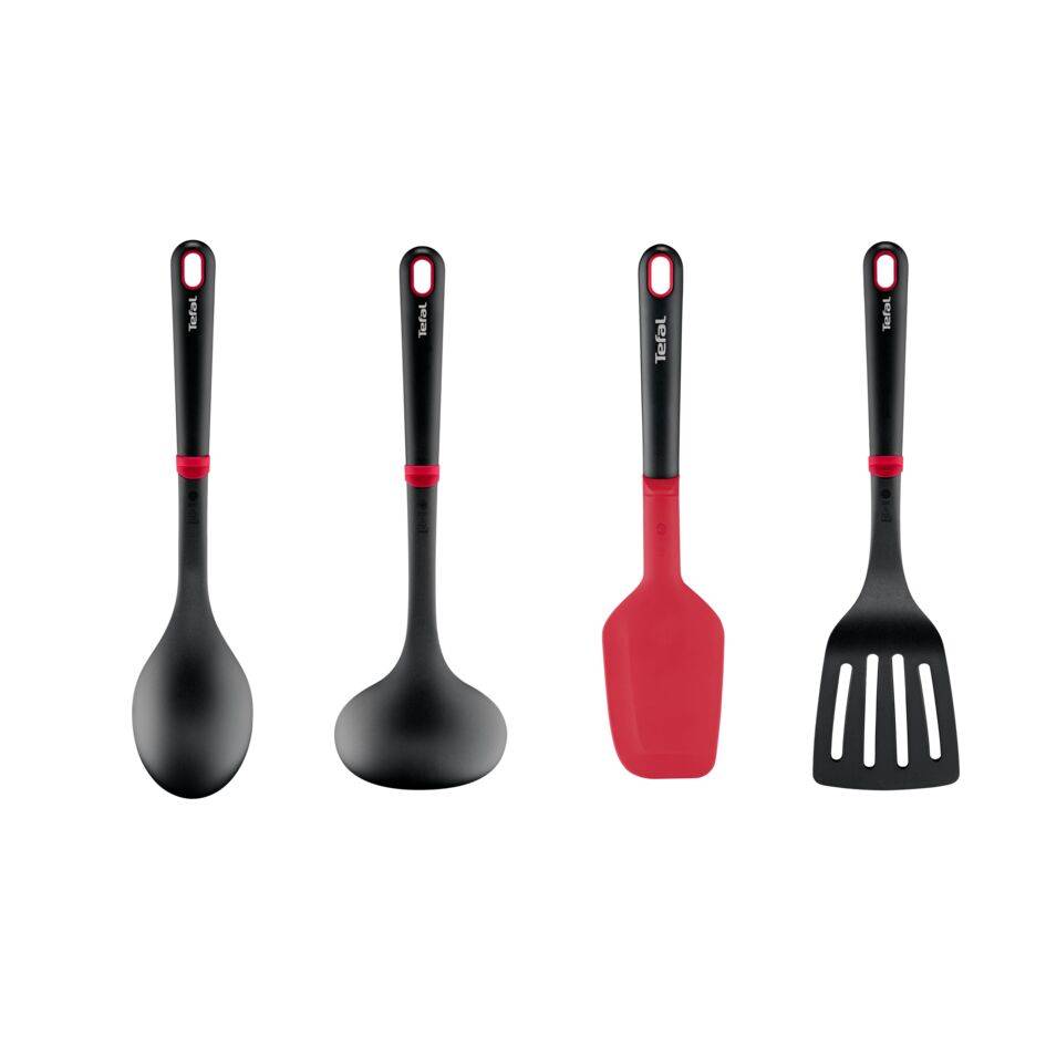 Ingenio+ Set de 4 utensilios esenciales, Resistente al calor hasta 230 °C, Apto para lavavajillas, Negro y rojo