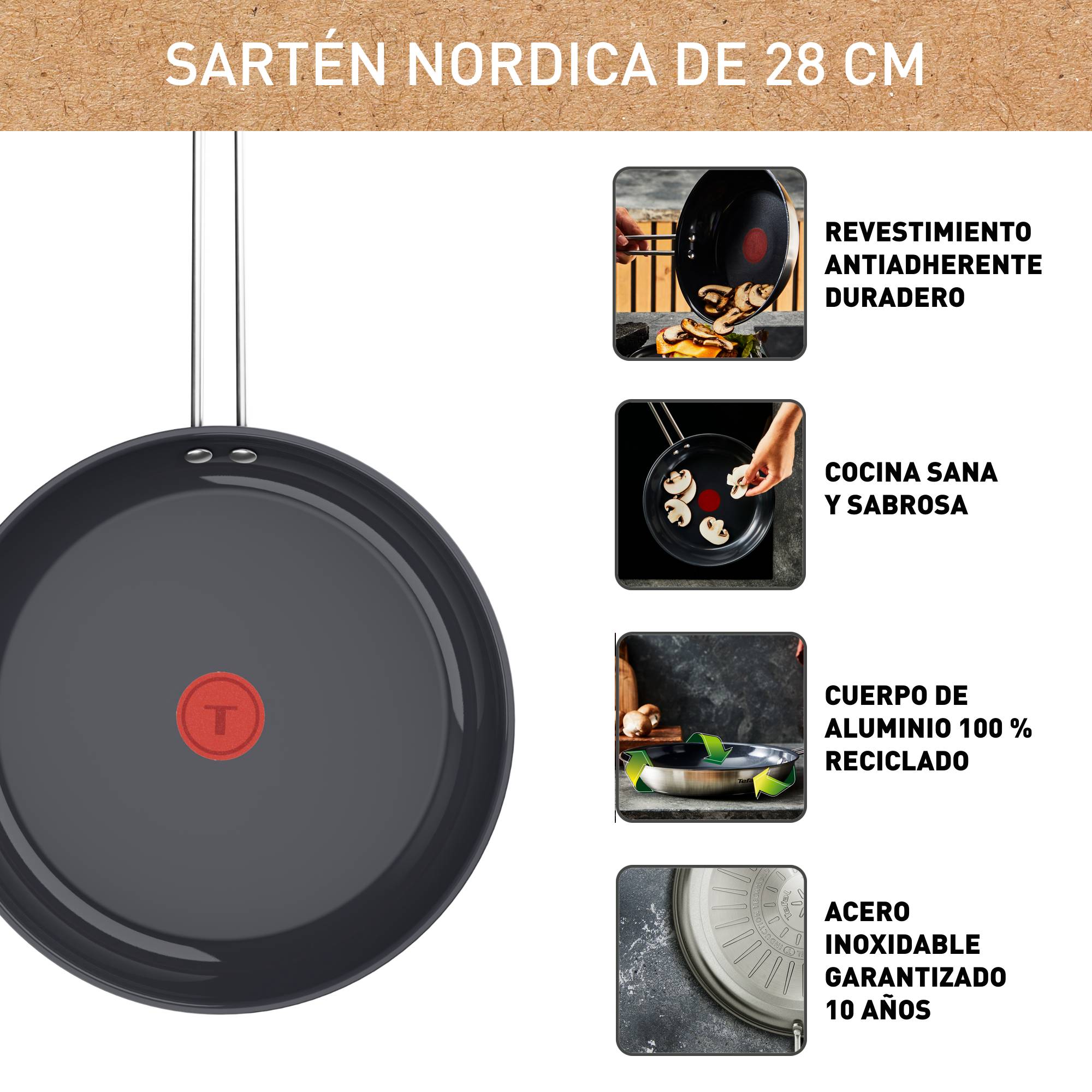 Nordica, Sartén de 28 cm, Acero Inoxidable, Revestimiento Cerámico Antiadherente, Cuerpo de aluminio