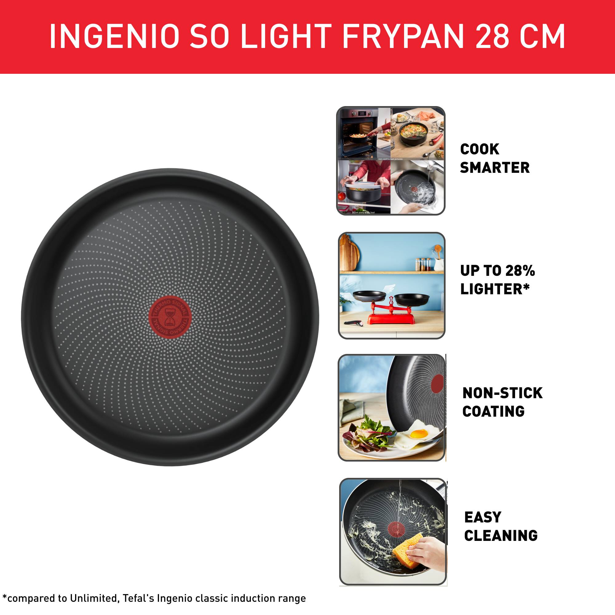 Ingenio So'Light, Sartén de 28 cm, Ligera, Inducción, Revestimiento Antiadherente