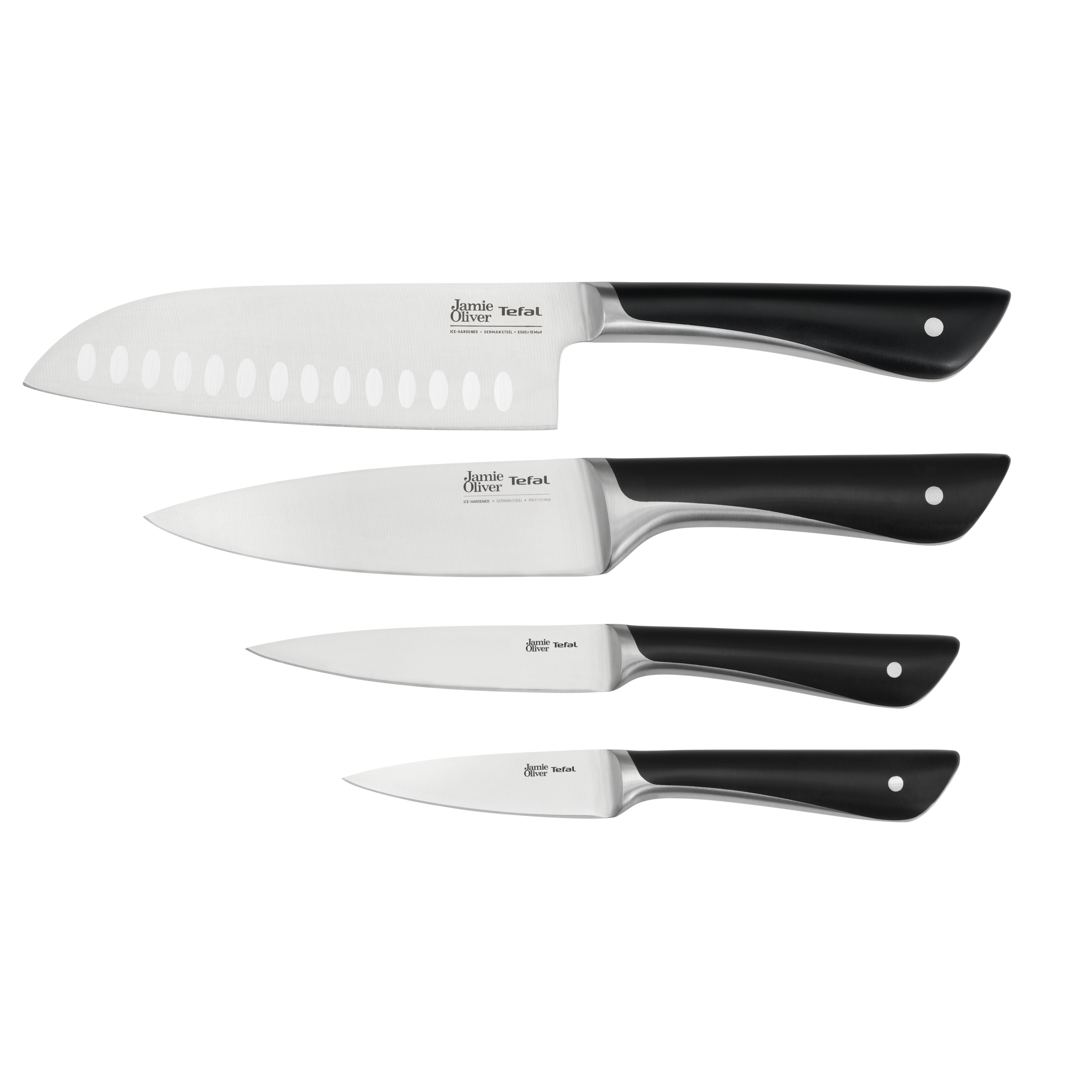 Jamie Oliver, Set 4 cuchillos, Santoku 16,5 cm, Chef's 15 cm, Multiusos 12 cm, Pelador 9 cm, Acero Inoxidable 18/10