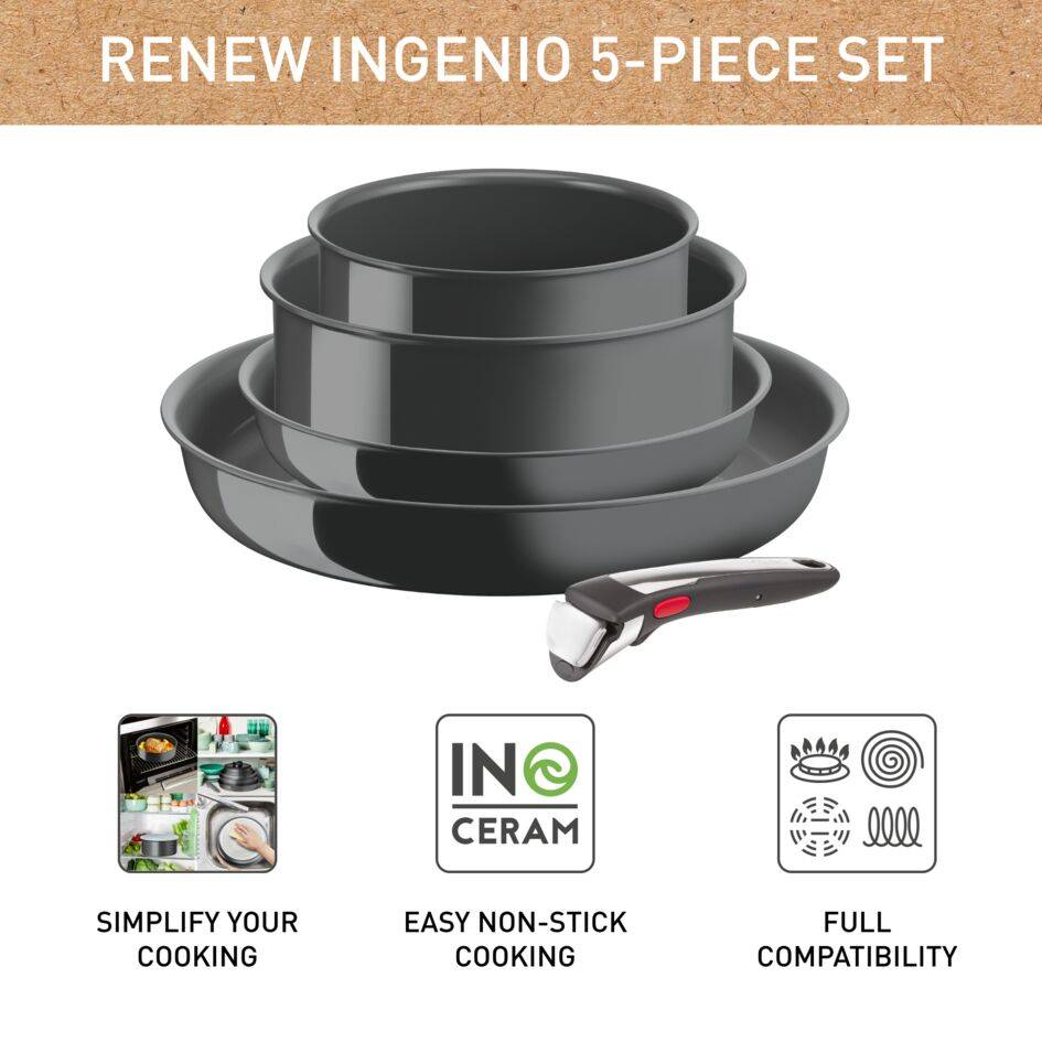 Ingenio Renew On, Set de Sartenes 22/28 cm + Cazos 16/20 cm + Mango Extraíble, Cerámica Antiadherente, Inducción, Gris  