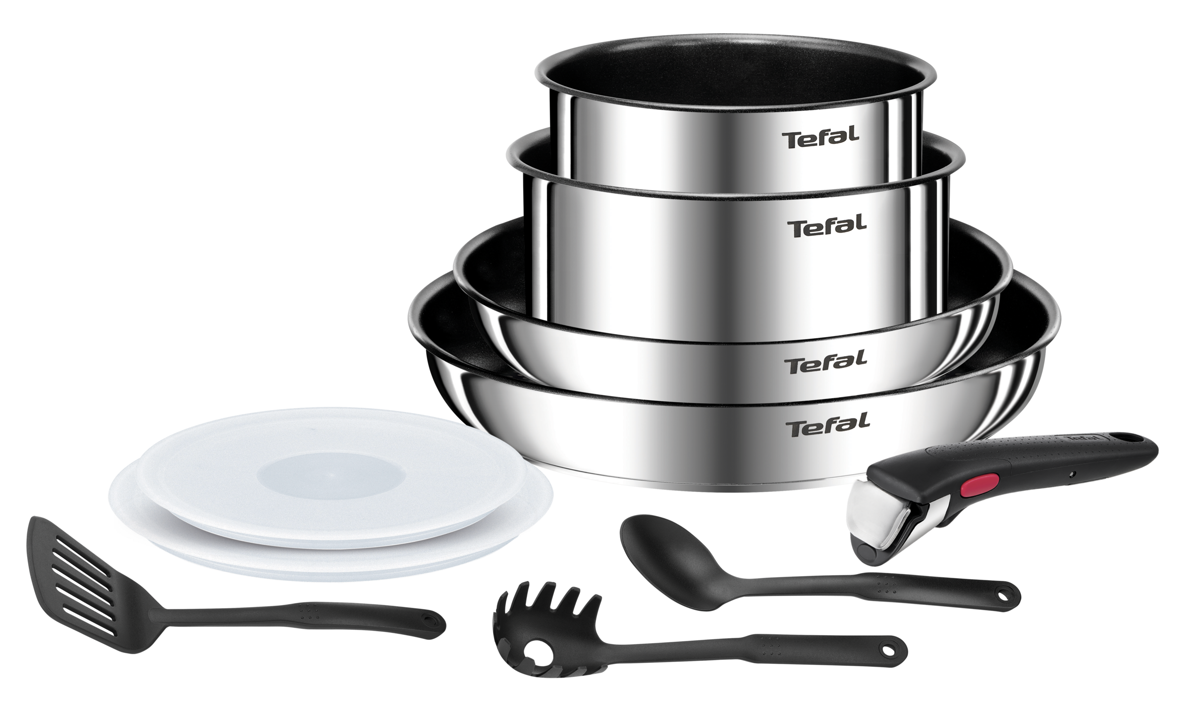 Ingenio Emotion, Set de 10 piezas: Sarten 22/26cm + Cazos 16/18cm + Tapas + Accesorios + Mango extraíble, Acero Inoxidable, Apilable