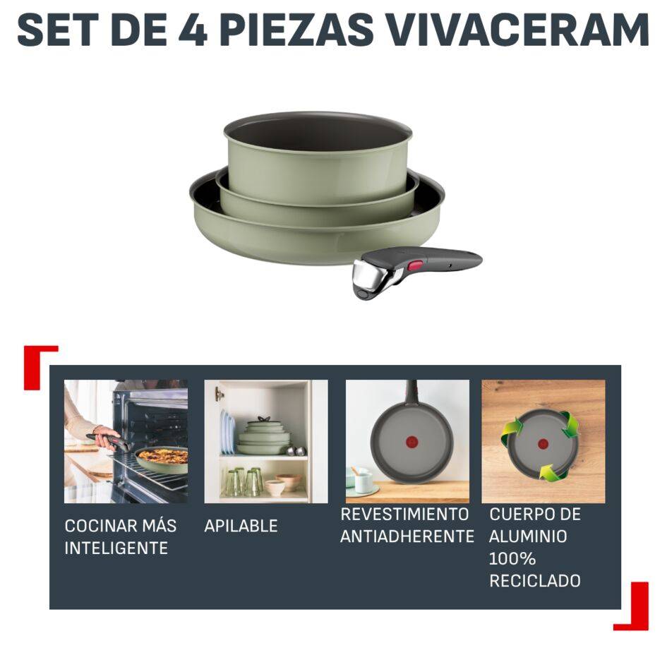 Ingenio Vivaceram, Set de 4 piezas, Sartén 22/28 cm, Cazo 20 cm, Mango extraíble, Apilable, Inducción