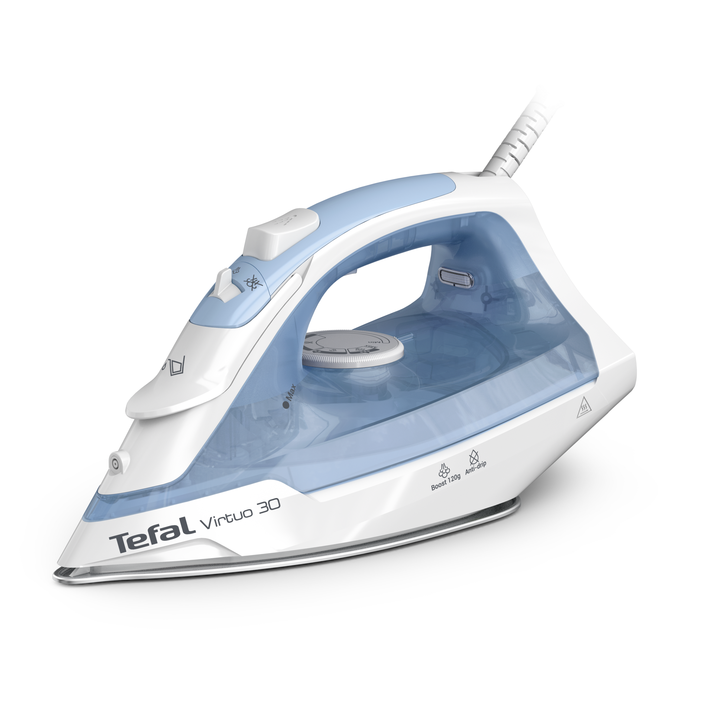 Virtuo 30, plancha de vapor, 2000 W de potencia, golpe de vapor de 120 g/min, Azul y blanca