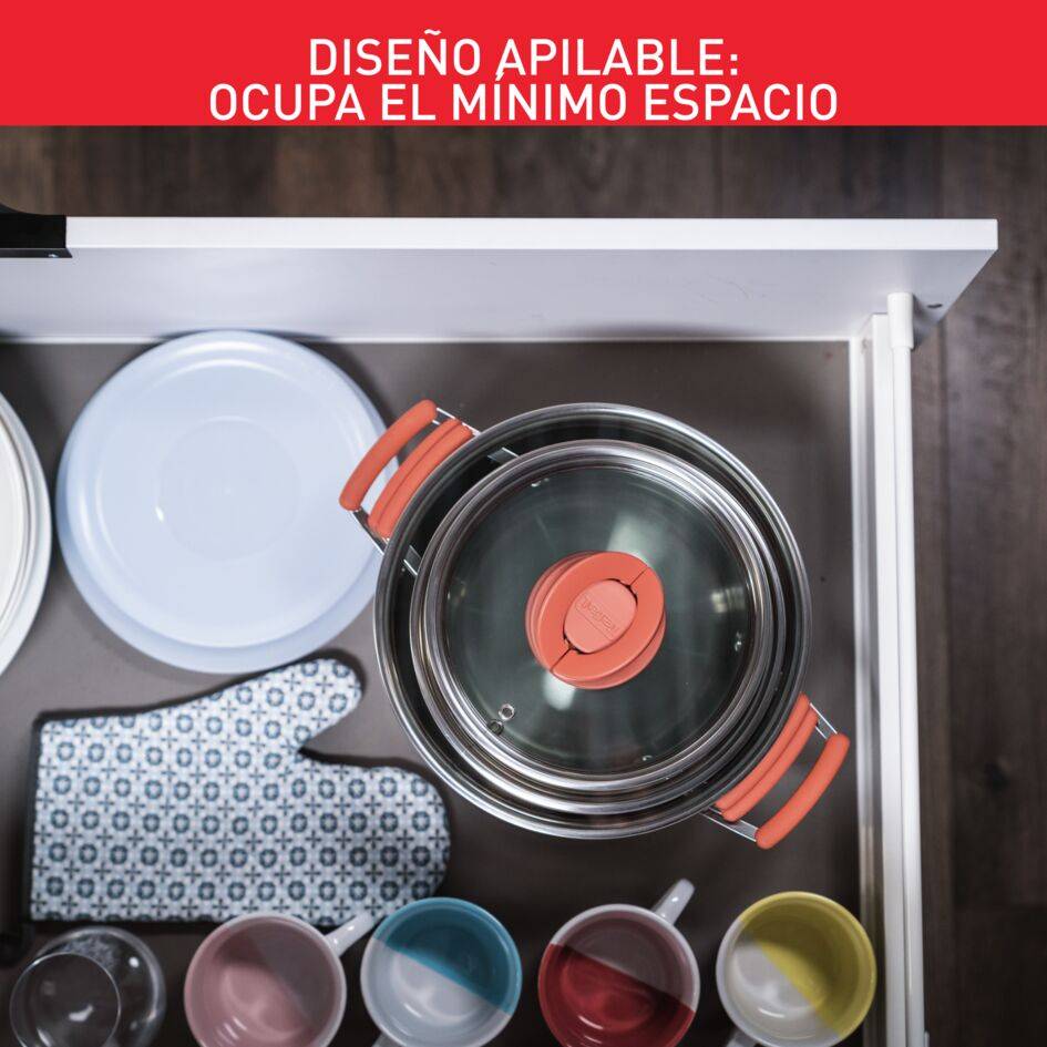 Opti'space, Set 3 Cacerolas + 3 Tapas, 18/20/24 cm, 2,1/3/5,2 L, Formato Apilable, Inducción, Acero Inoxidable