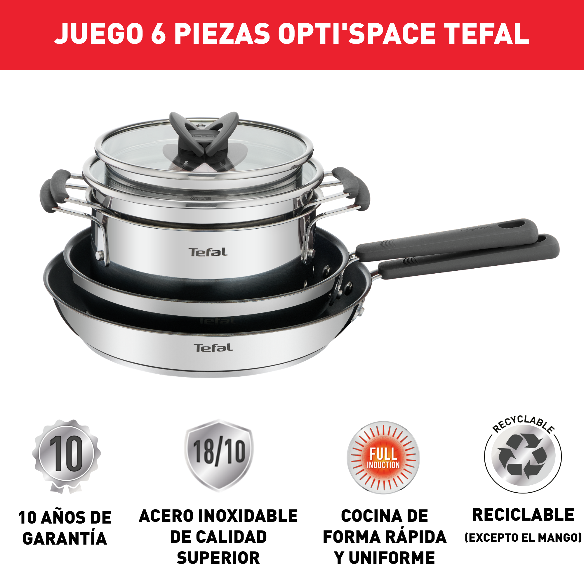 OPTI'Space, Set de 6 piezas, Cacerolas de 18 cm/2,2 L + 20 cm/3,1 L + tapas + Sartenes de 24 y 28 cm, Formato Apilable, Inducción, Acero Inoxidable