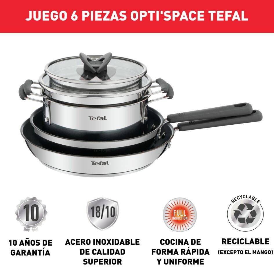 OPTI'Space, Set de 6 piezas, Cacerolas de 18 cm/2,2 L + 20 cm/3,1 L + tapas + Sartenes de 24 y 28 cm, Formato Apilable, Inducción, Acero Inoxidable