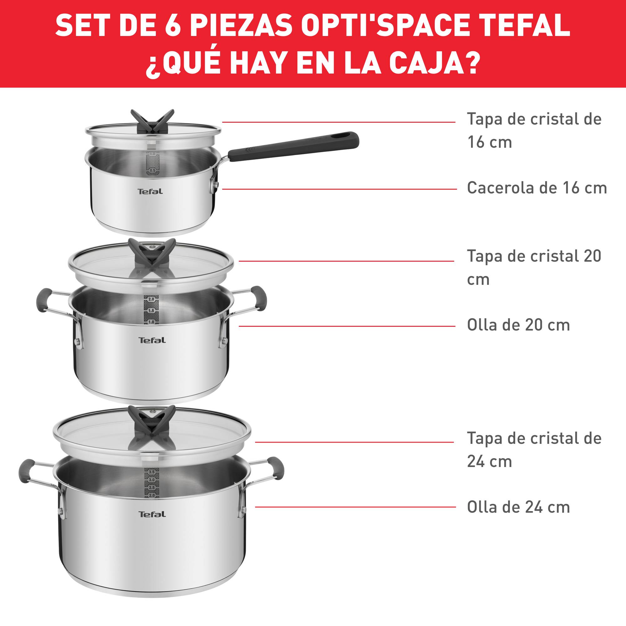 Opti'Space, Set de 6 piezas, Cacerola 16 cm, Ollas 20/24 cm, Tapas, Ahorro de espacio, Acero Inoxidable, Inducción