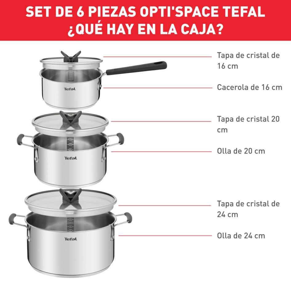 Opti'Space, Set de 6 piezas, Cacerola 16 cm, Ollas 20/24 cm, Tapas, Ahorro de espacio, Acero Inoxidable, Inducción