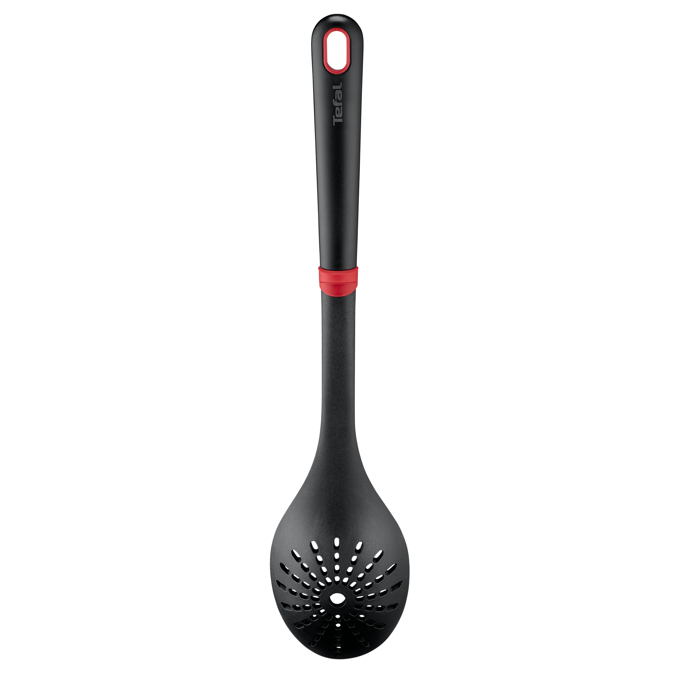 Ingenio+ Cucharón colador, Robusto, Resistente al calor hasta 230º, Apto para lavavajillas, Negro y rojo