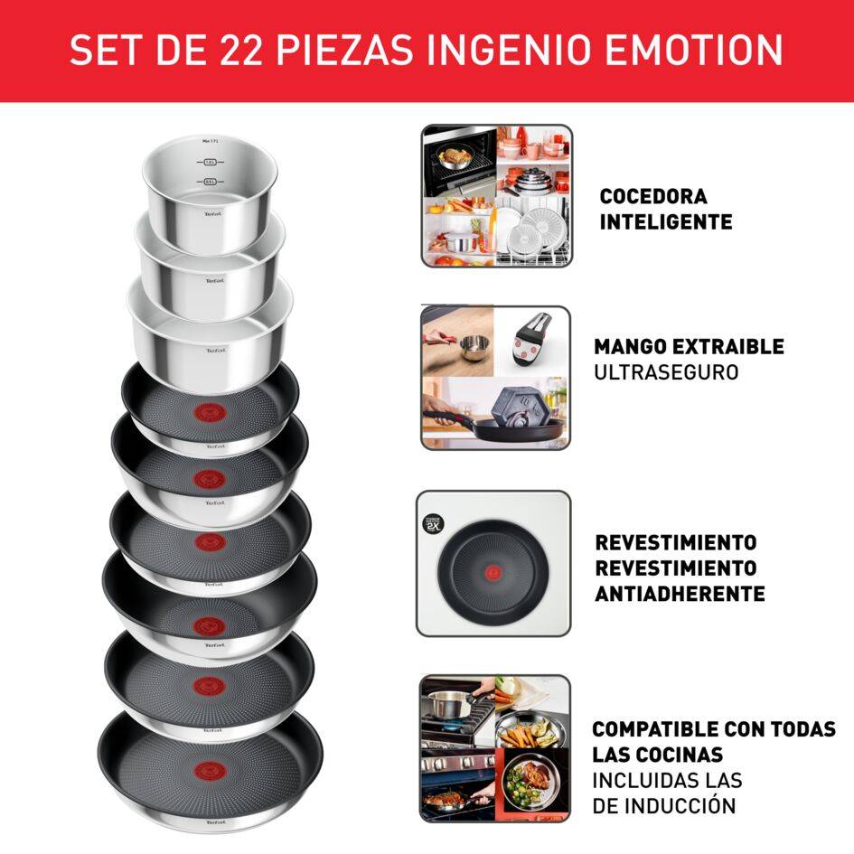 Ingenio Emotion, Set de cocina de 22 piezas, Mango extraíble, Apilable, Sartenes con Revestimiento Antiadherente, Acero Inoxidable
