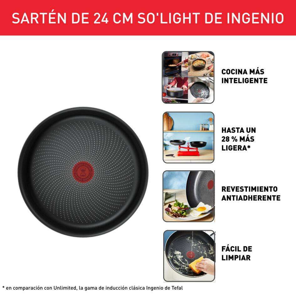 Ingenio So'Light, Sartén Guisera 24 cm, Ligera, Revestimiento antiadherente, Inducción