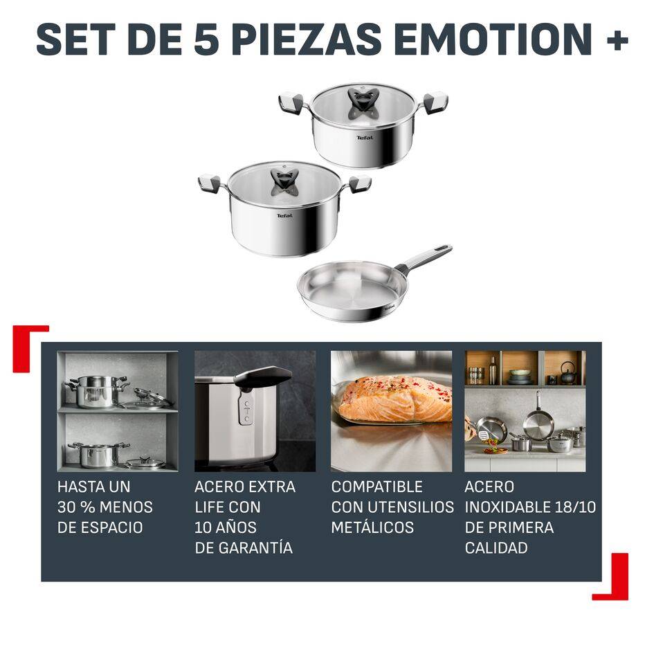 Emotion+ Set de 5 piezas, Acero inoxidable premium, Sin revestimiento, Garantía de 10 años, Apta para inducción
