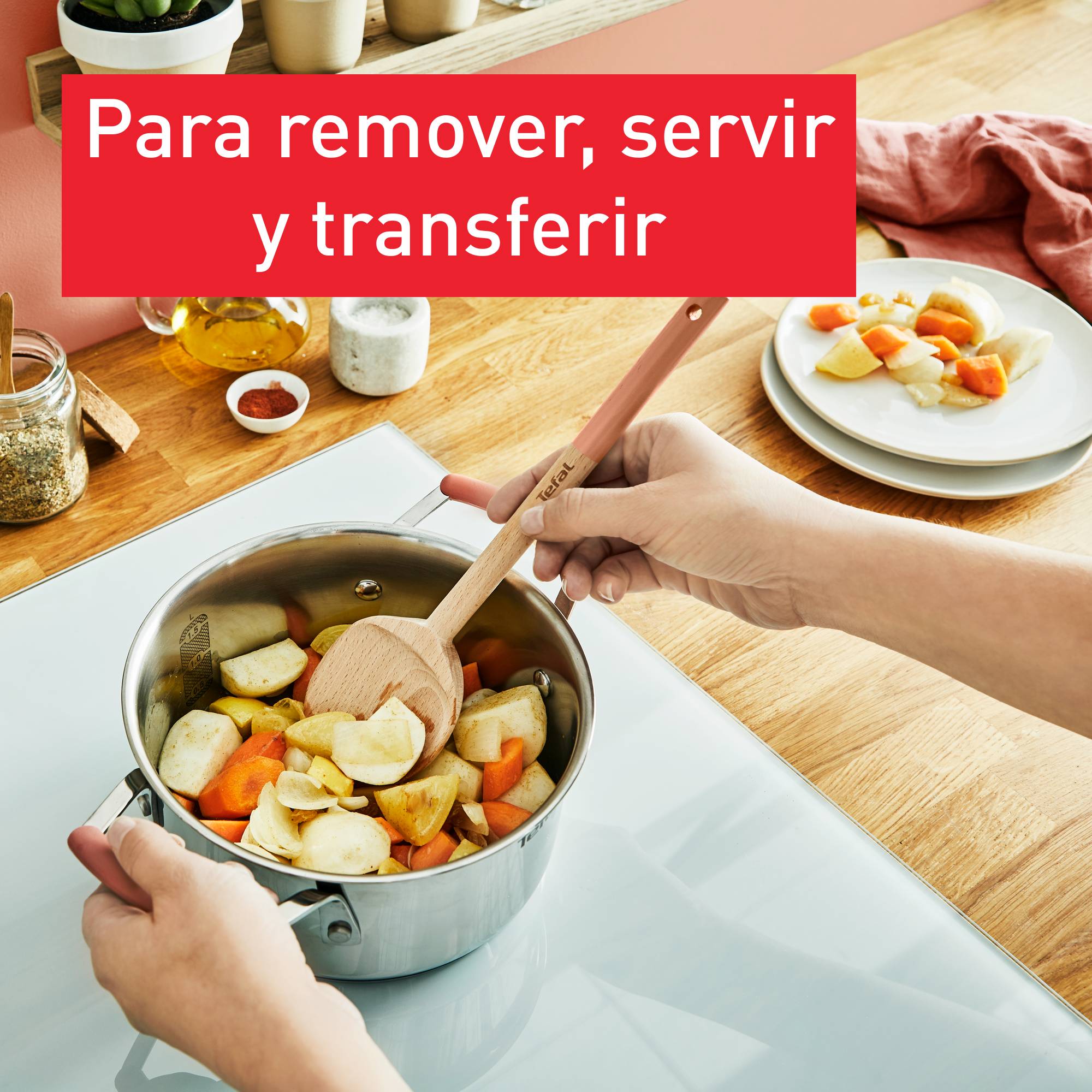 Kit Natura de 4 utensilios de cocina, Madera con mango pintado, Terracotta, Soporte