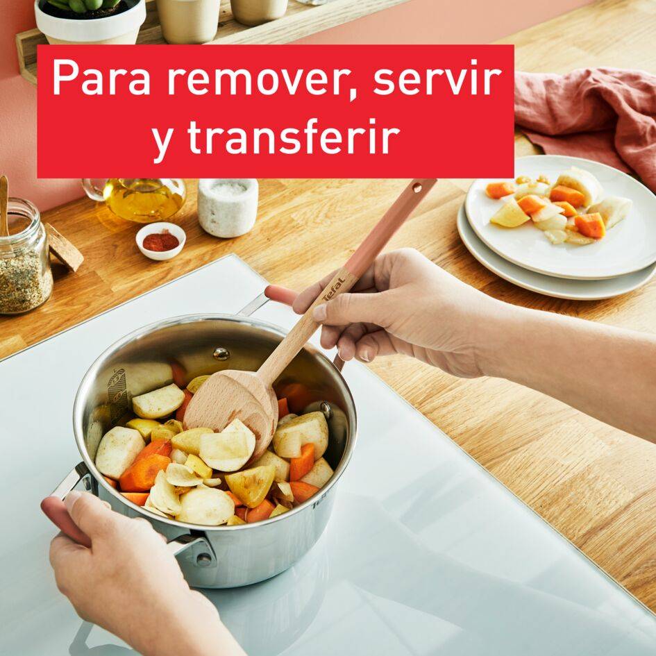 Kit Natura de 4 utensilios de cocina, Madera con mango pintado, Terracotta, Soporte