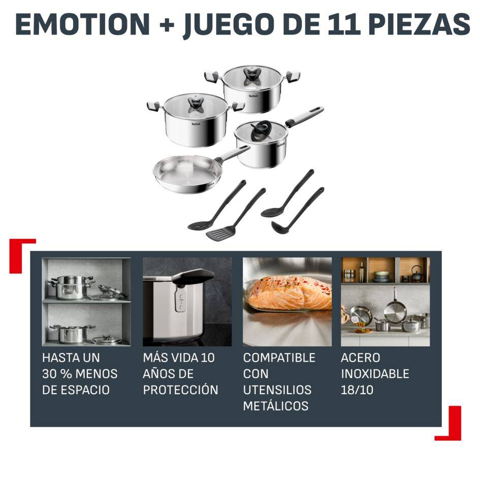 Emotion+ Set 11 Piezas, Acero inoxidable premium, Sin revestimiento, Garantía de 10 años, Apta para inducción