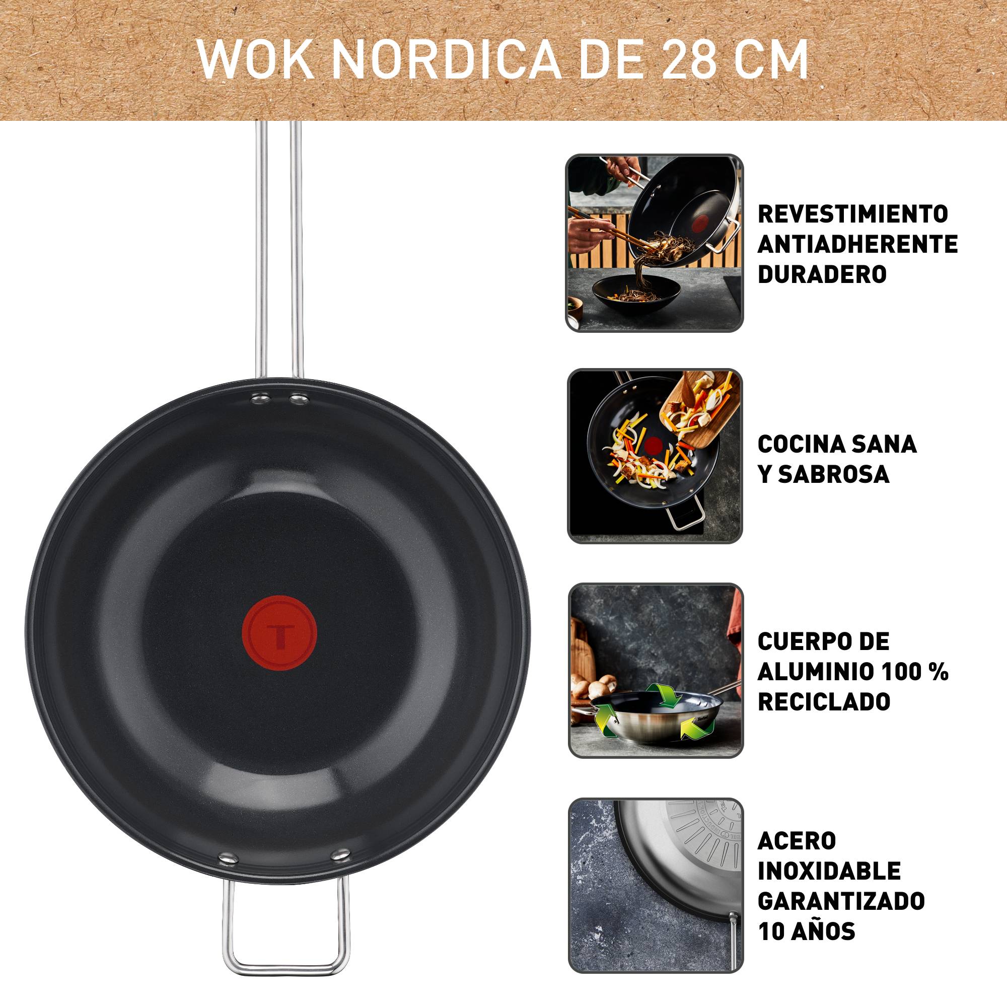 Nordica, Wok de 28 cm, Acero Inoxidable, Revestimiento Cerámico Antiadherente, Cuerpo de aluminio