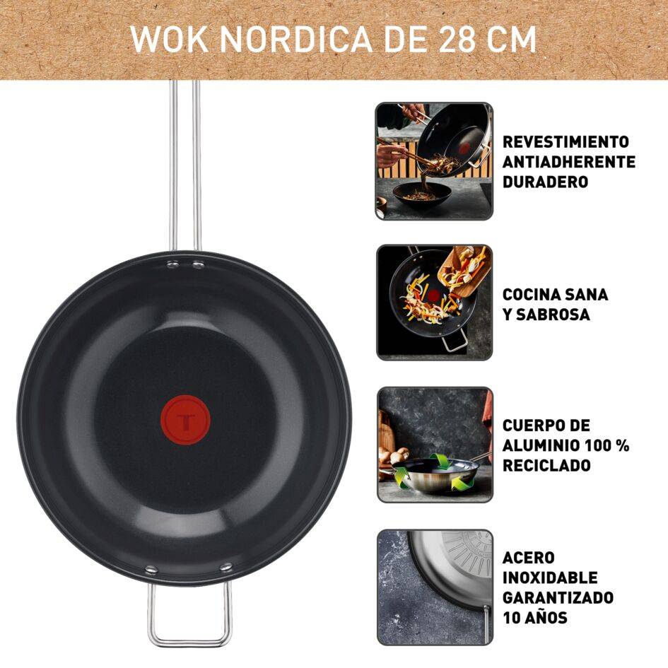 Nordica, Wok de 28 cm, Acero Inoxidable, Revestimiento Cerámico Antiadherente, Cuerpo de aluminio