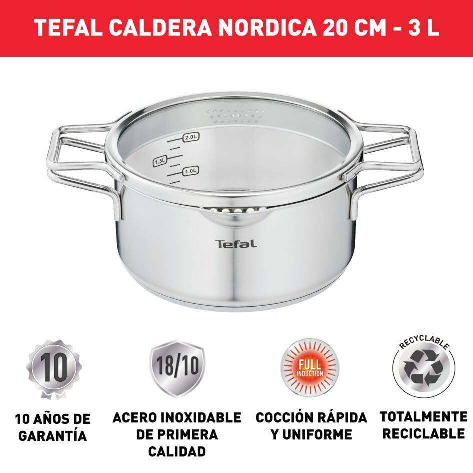 Nordica, Cacerola 20 cm + Tapa , Acero inoxidable 18/10, Doble asa patentada, Capacidad 3 L, Inducción