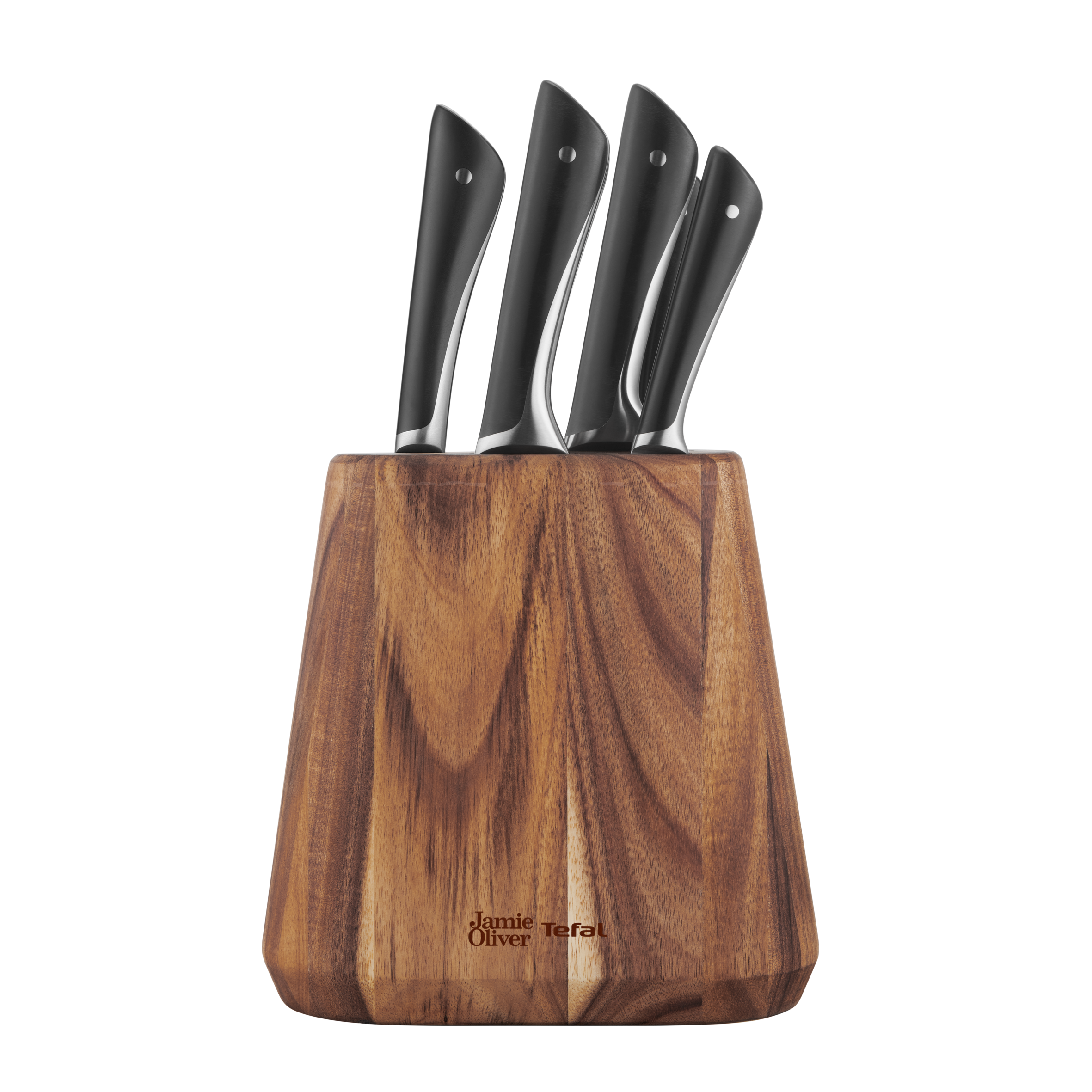 Jamie Oliver, Set 5 cuchillos + Soporte de madera, Acero Inoxidable 18/10, Peso equilibrado